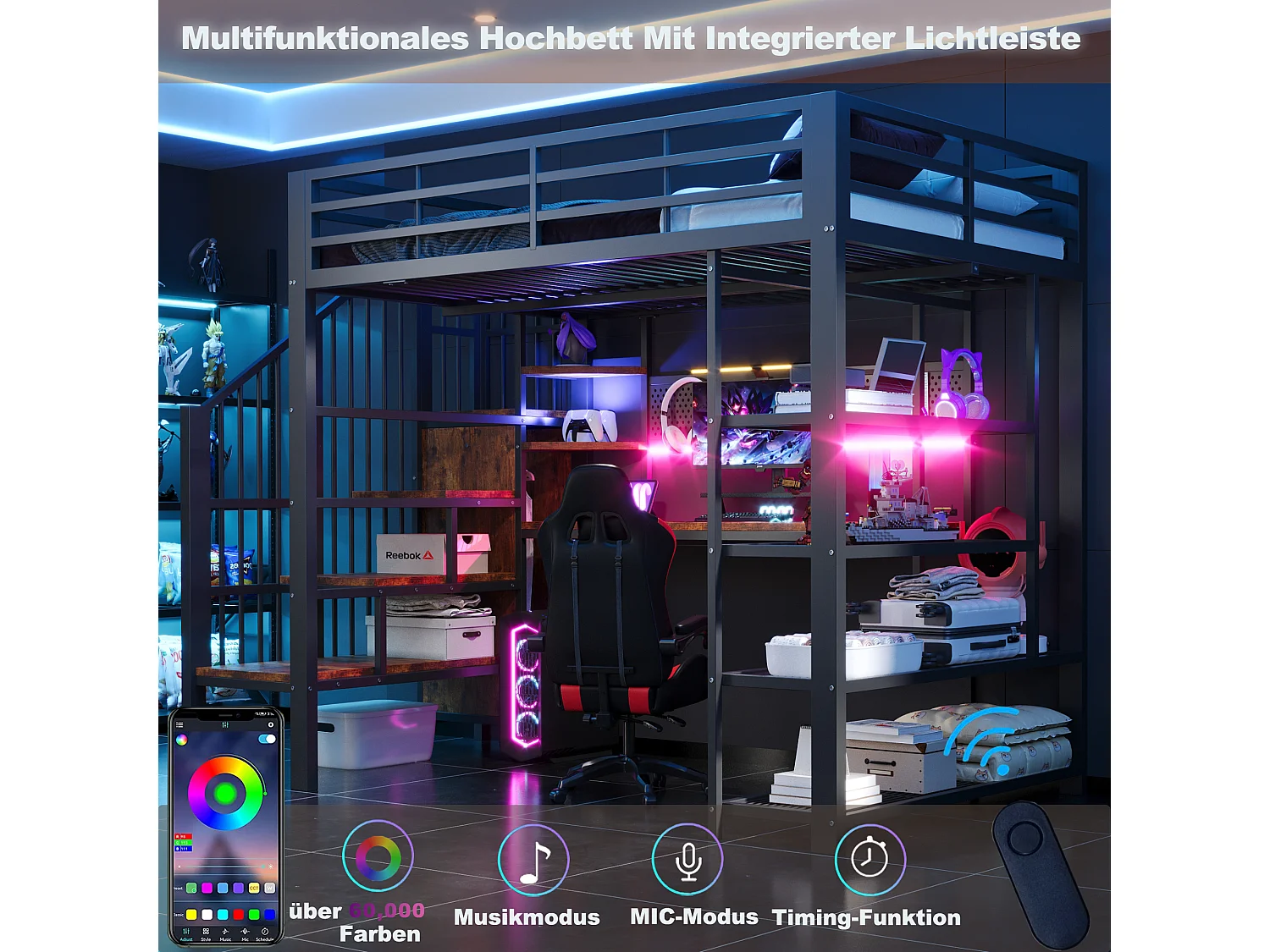 Lit mezzanine en fer forgé 140×200cm - avec bureau - avec prise électrique - avec éclairage LED - Noir (Matelas non inclus)