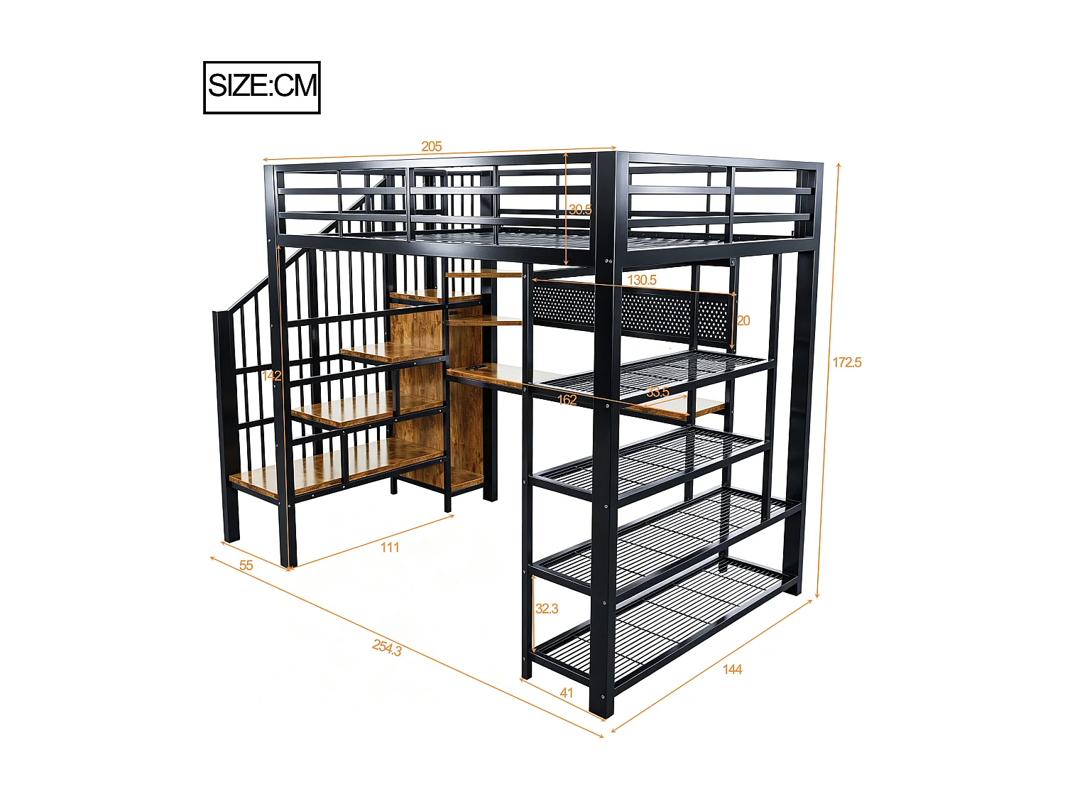 Lit mezzanine en fer forgé 140×200cm - avec bureau - avec prise électrique - avec éclairage LED - Noir (Matelas non inclus)