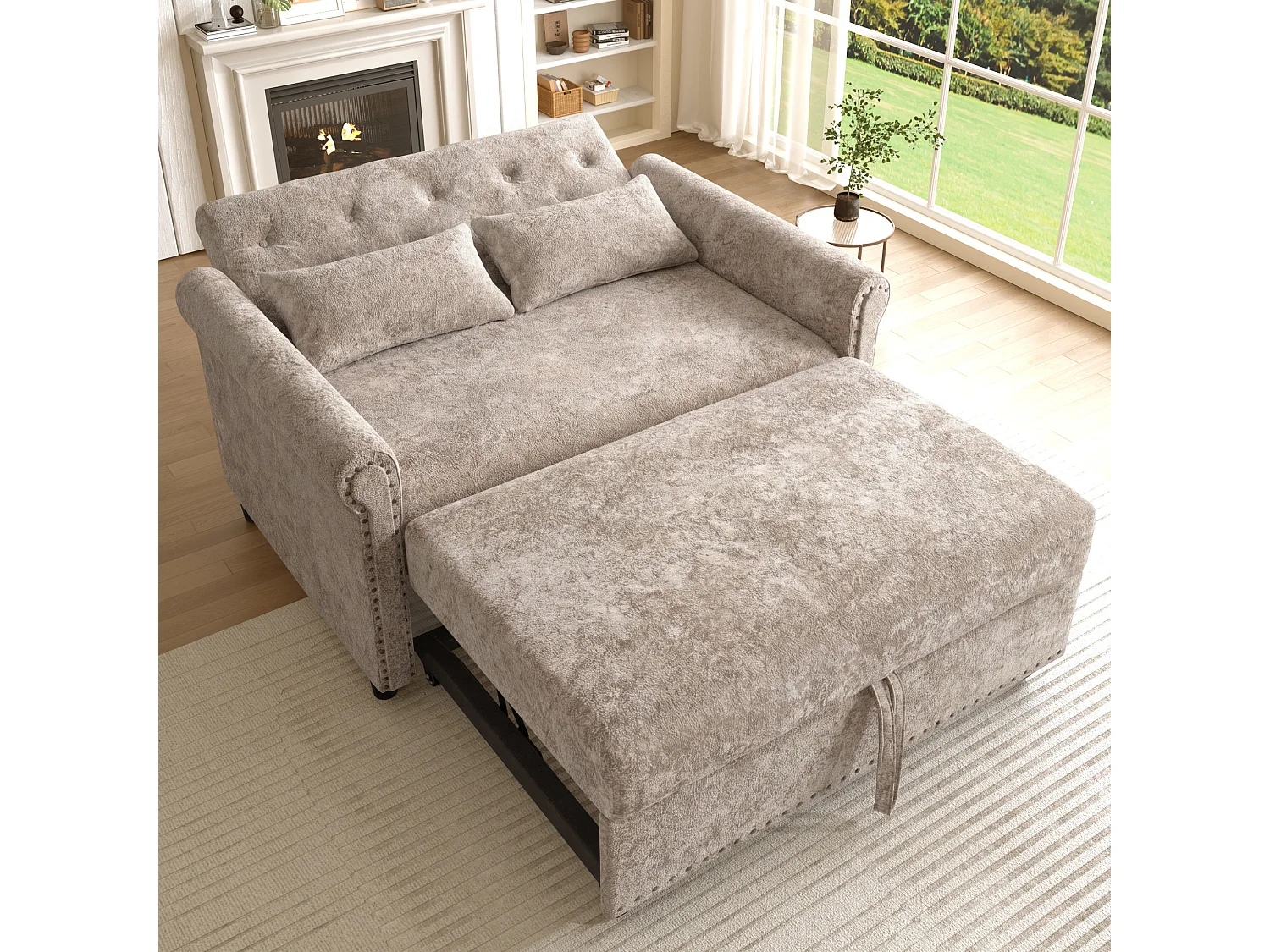 Canapé-Lit Convertible 2 Places en Chenille, Sofa 3-en-1 avec Dossier Réglable sur 3 Niveaux - gris brunâtre