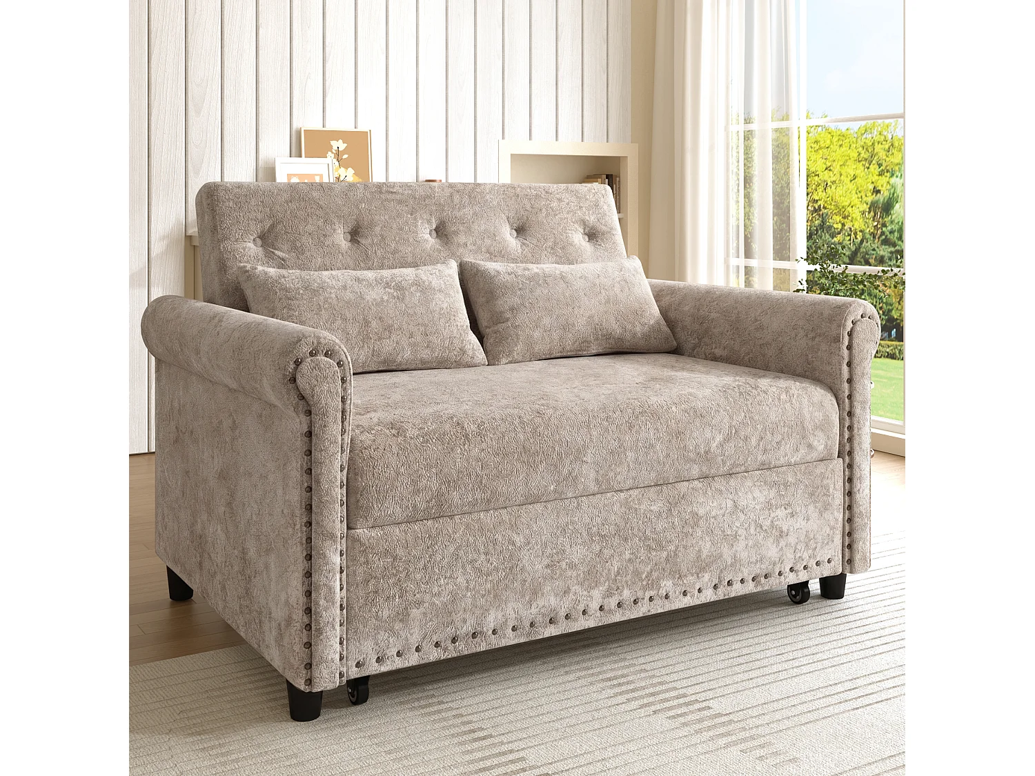 Canapé-Lit Convertible 2 Places en Chenille, Sofa 3-en-1 avec Dossier Réglable sur 3 Niveaux - gris brunâtre