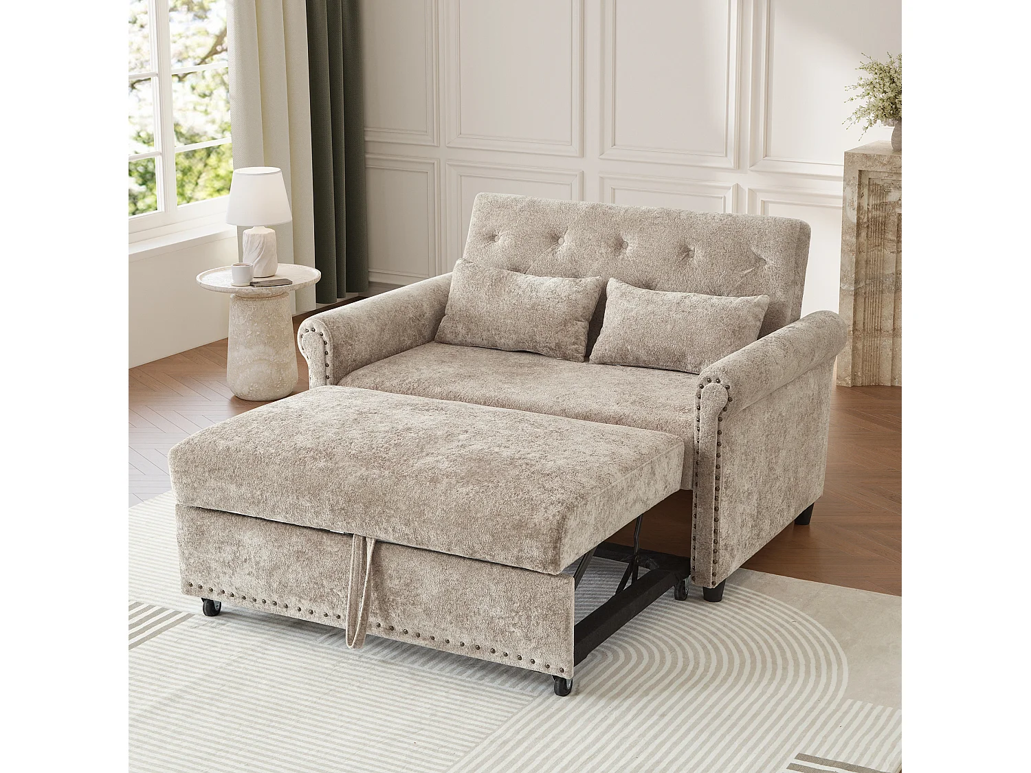 Canapé-Lit Convertible 2 Places en Chenille, Sofa 3-en-1 avec Dossier Réglable sur 3 Niveaux - gris brunâtre