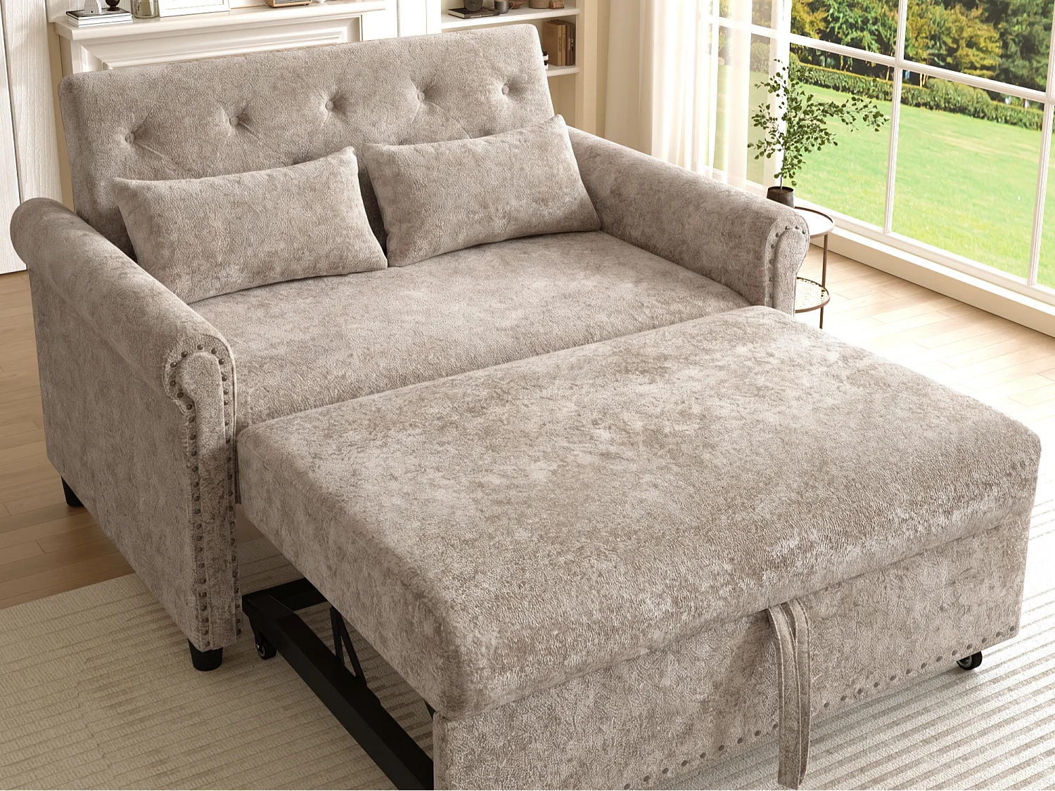 Canapé-Lit Convertible 2 Places en Chenille, Sofa 3-en-1 avec Dossier Réglable sur 3 Niveaux - gris brunâtre