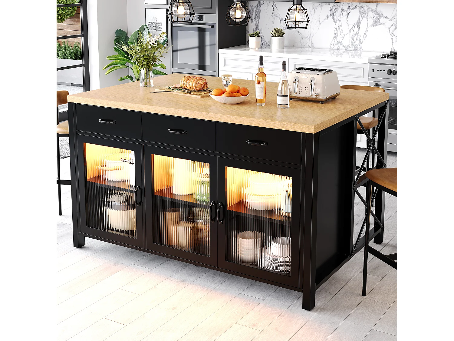 Îlot de Cuisine 150x80cm avec LED, Buffet avec 3 Tiroirs et Portes en Verre, Plateau Aspect Bois Naturel - Noir