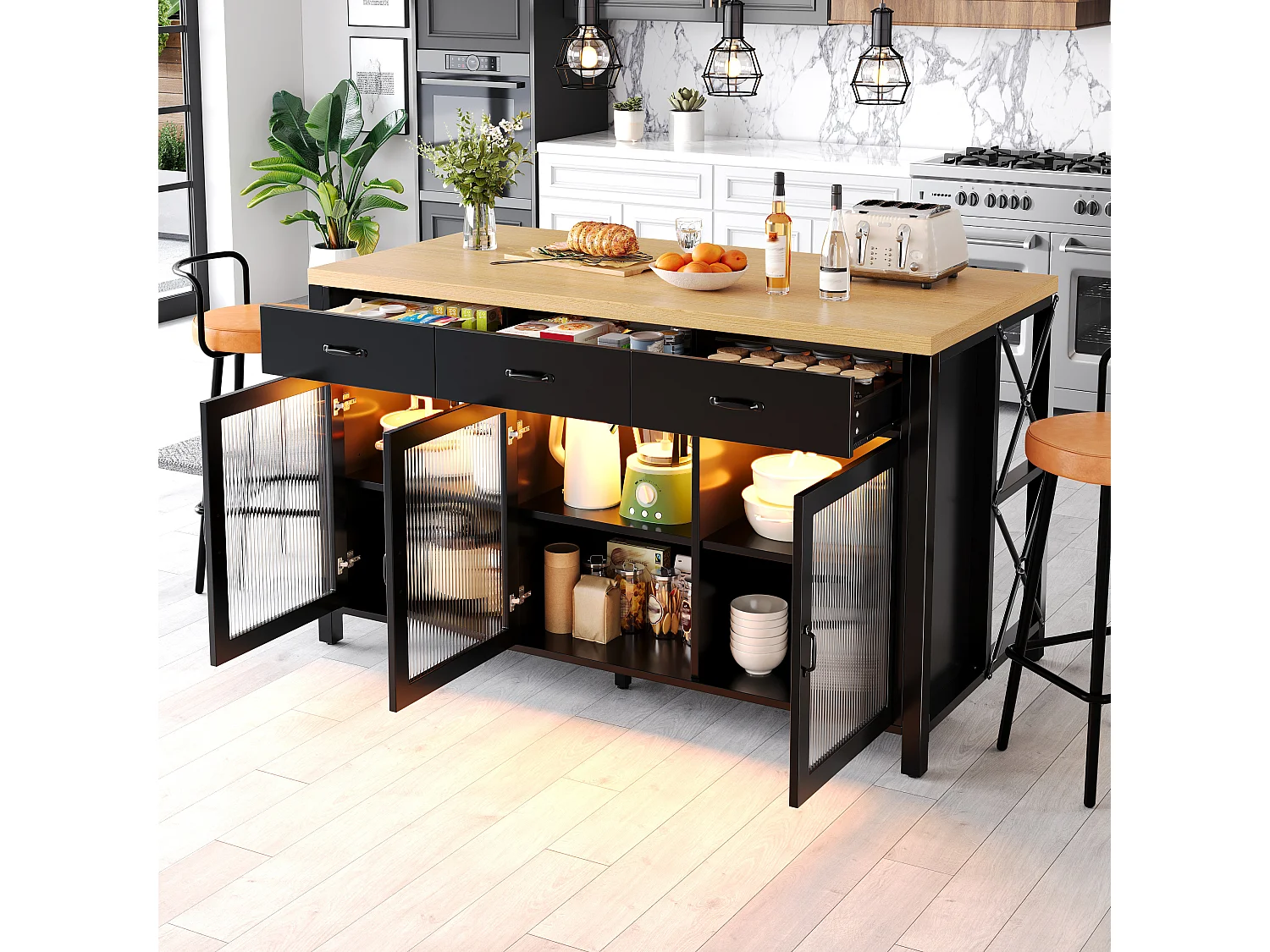 Îlot de Cuisine 150x80cm avec LED, Buffet avec 3 Tiroirs et Portes en Verre, Plateau Aspect Bois Naturel - Noir