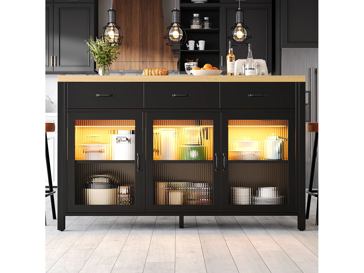 Îlot de Cuisine 150x80cm avec LED, Buffet avec 3 Tiroirs et Portes en Verre, Plateau Aspect Bois Naturel - Noir