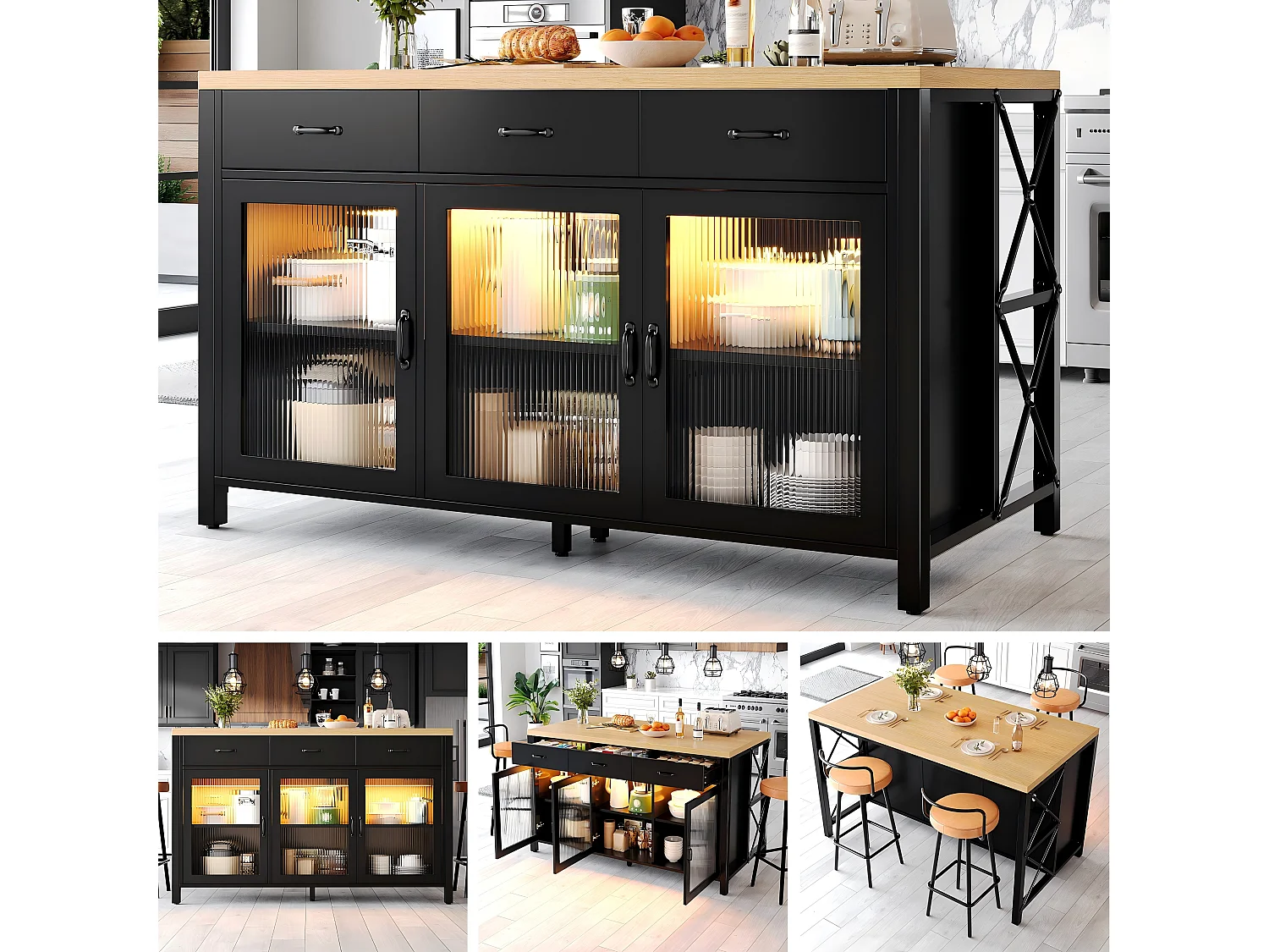 Îlot de Cuisine 150x80cm avec LED, Buffet avec 3 Tiroirs et Portes en Verre, Plateau Aspect Bois Naturel - Noir