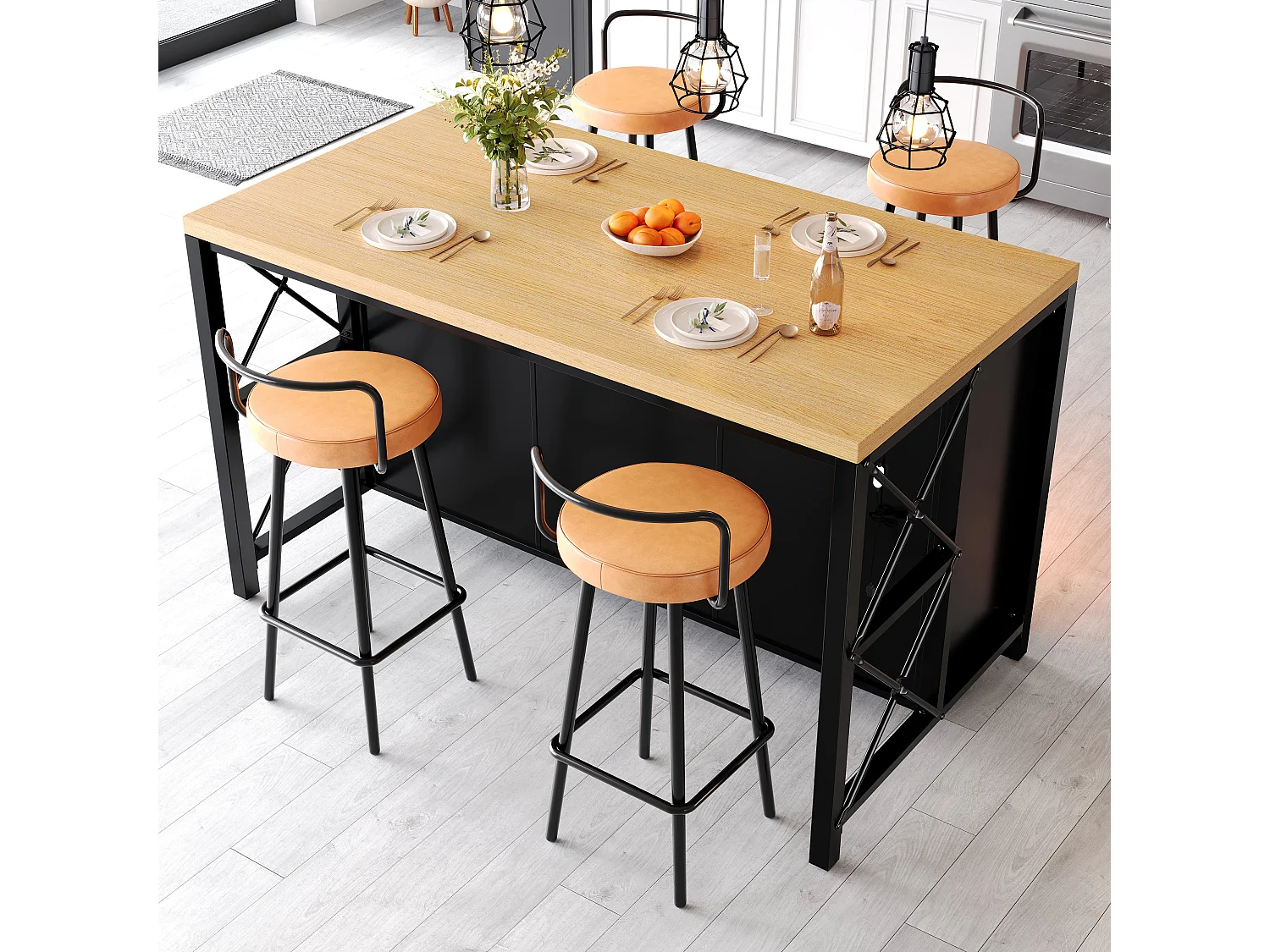 Îlot de Cuisine 150x80cm avec LED, Buffet avec 3 Tiroirs et Portes en Verre, Plateau Aspect Bois Naturel - Noir