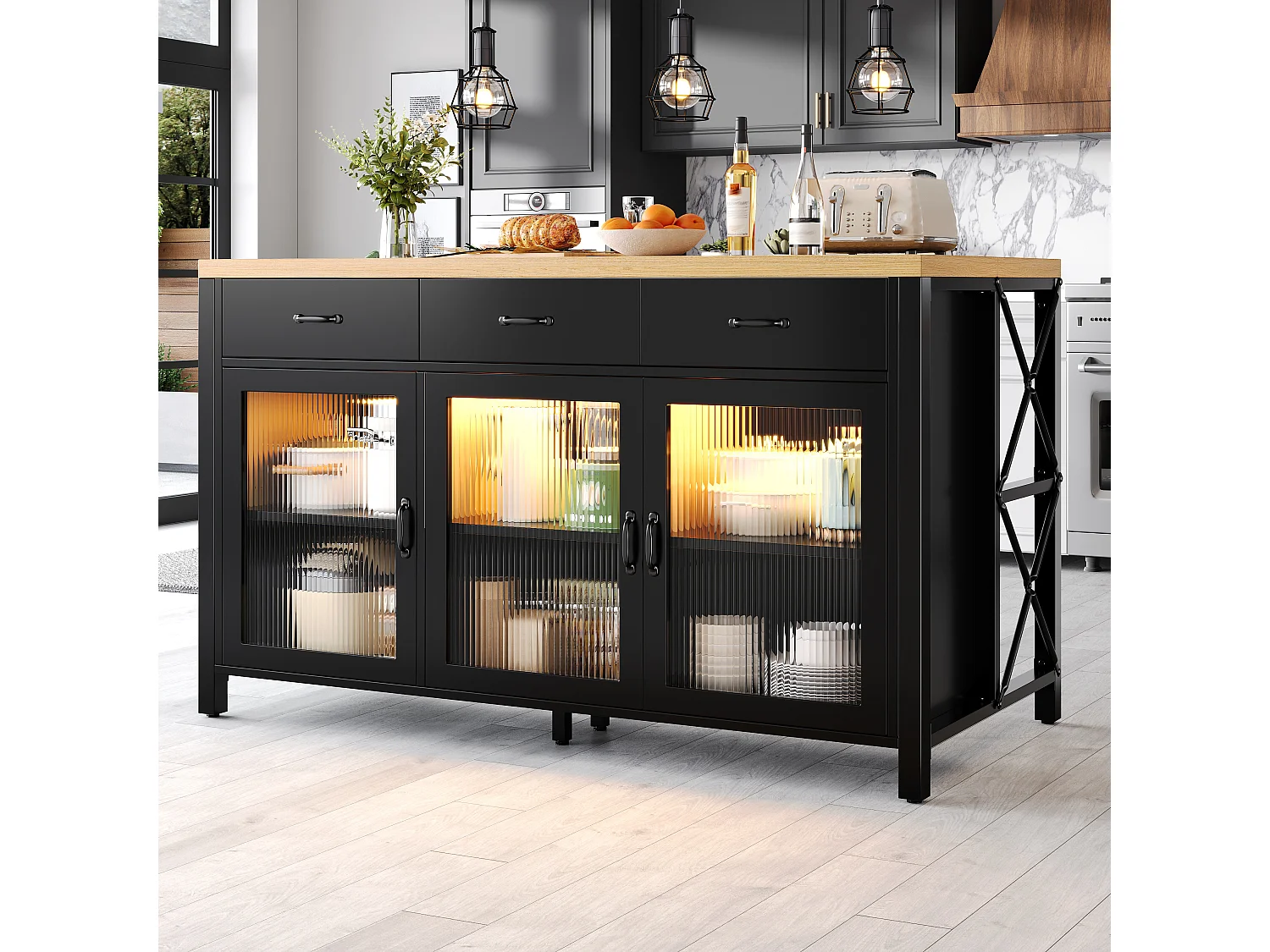 Îlot de Cuisine 150x80cm avec LED, Buffet avec 3 Tiroirs et Portes en Verre, Plateau Aspect Bois Naturel - Noir