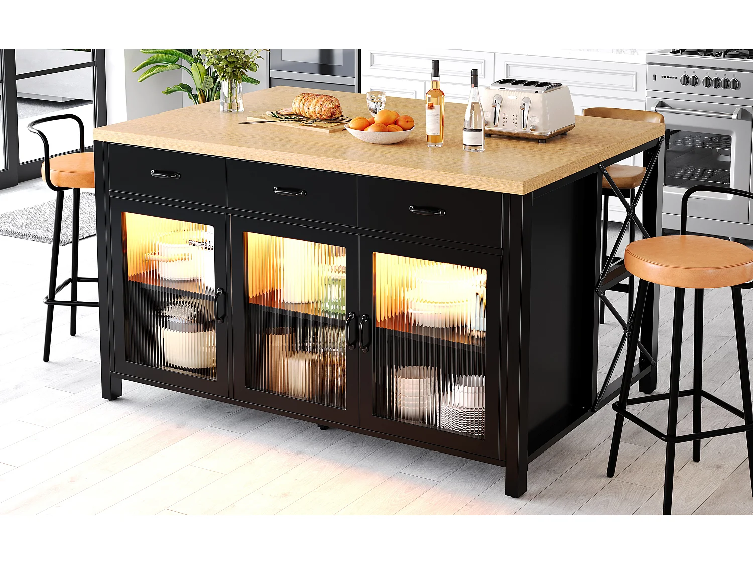 Îlot de Cuisine 150x80cm avec LED, Buffet avec 3 Tiroirs et Portes en Verre, Plateau Aspect Bois Naturel - Noir