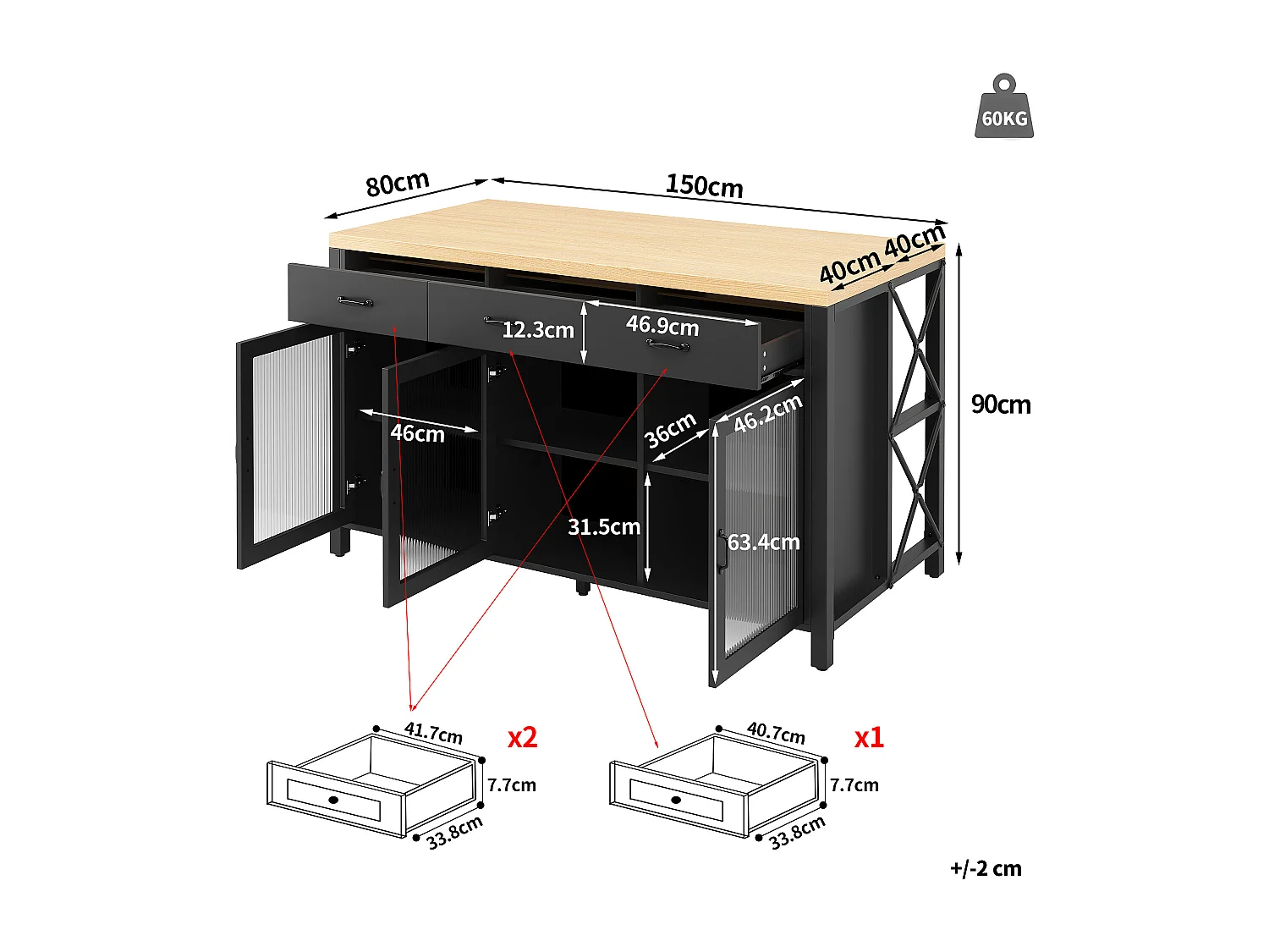 Îlot de Cuisine 150x80cm avec LED, Buffet avec 3 Tiroirs et Portes en Verre, Plateau Aspect Bois Naturel - Noir