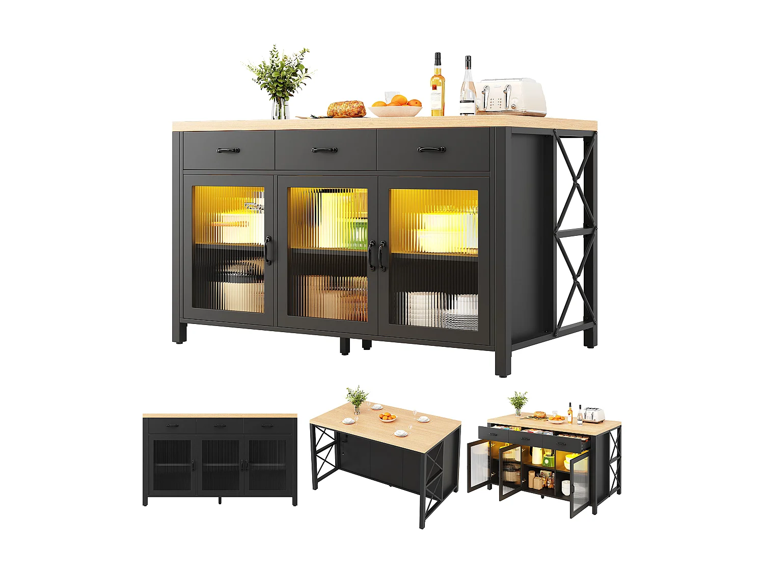 Îlot de Cuisine 150x80cm avec LED, Buffet avec 3 Tiroirs et Portes en Verre, Plateau Aspect Bois Naturel - Noir
