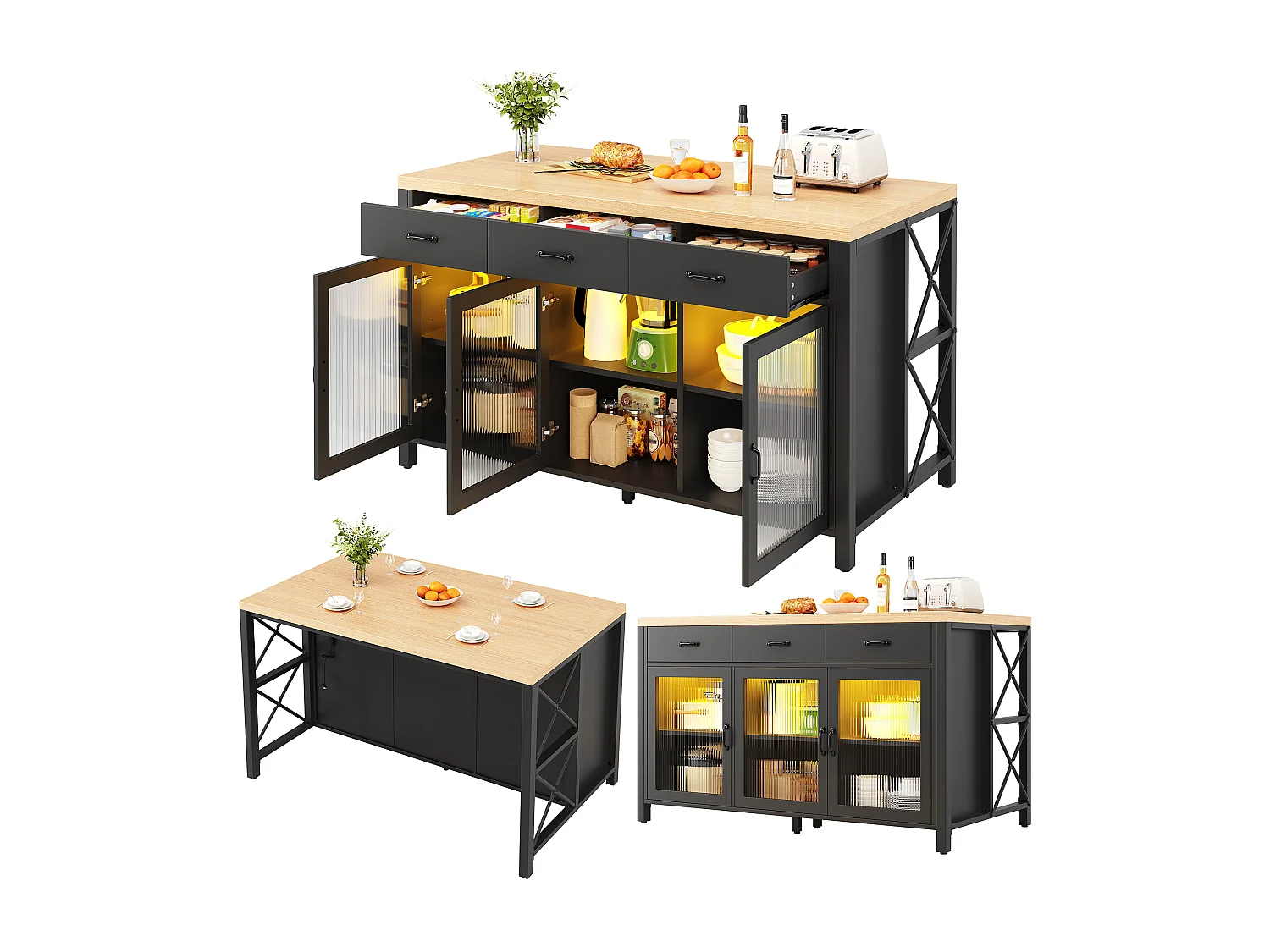 Îlot de Cuisine 150x80cm avec LED, Buffet avec 3 Tiroirs et Portes en Verre, Plateau Aspect Bois Naturel - Noir