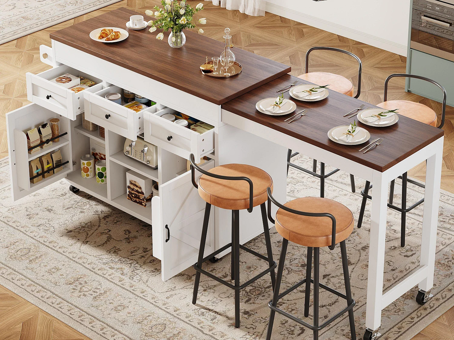 Isola da cucina estensibile 131-210 cm, tavolo bar con 3 cassetti e 2 armadietti - bianco