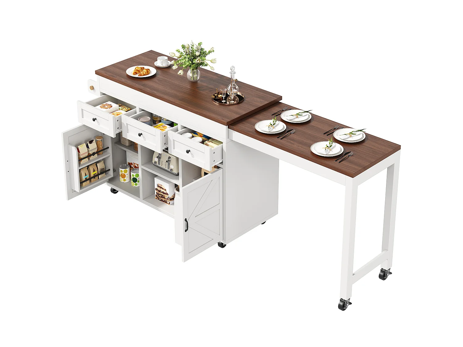 Isola da cucina estensibile 131-210 cm, tavolo bar con 3 cassetti e 2 armadietti - bianco