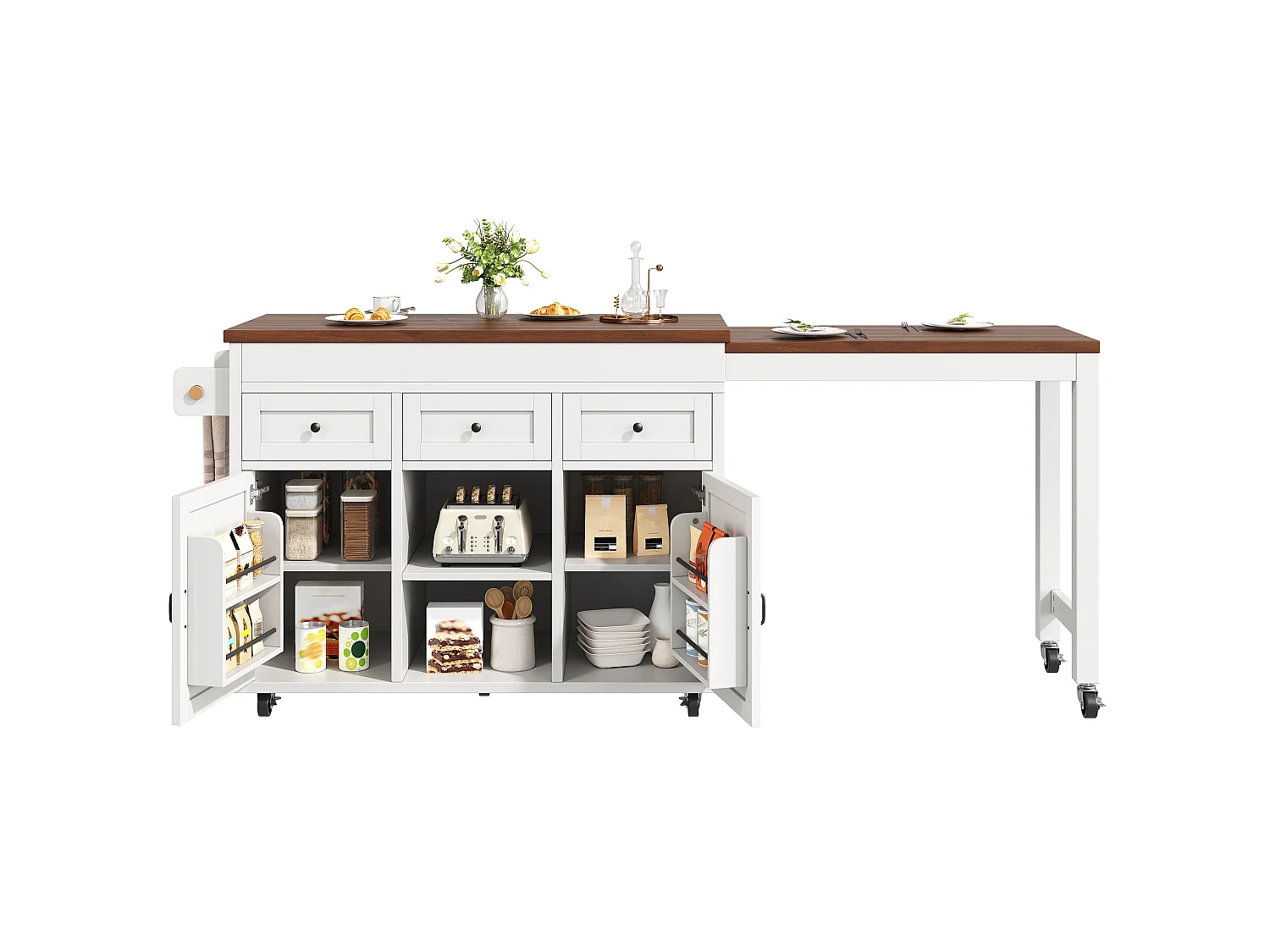 Isola da cucina estensibile 131-210 cm, tavolo bar con 3 cassetti e 2 armadietti - bianco