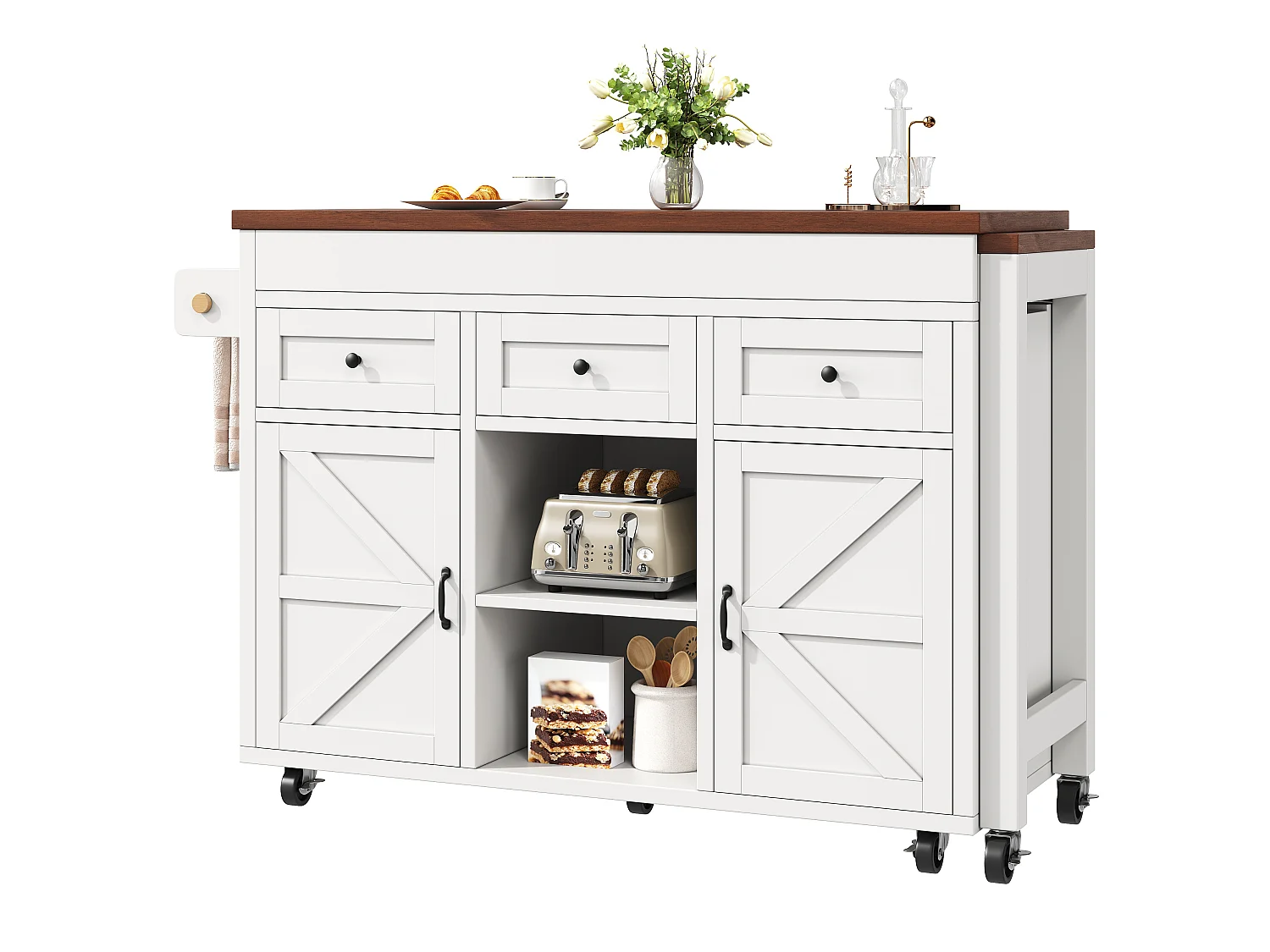 Isola da cucina estensibile 131-210 cm, tavolo bar con 3 cassetti e 2 armadietti - bianco