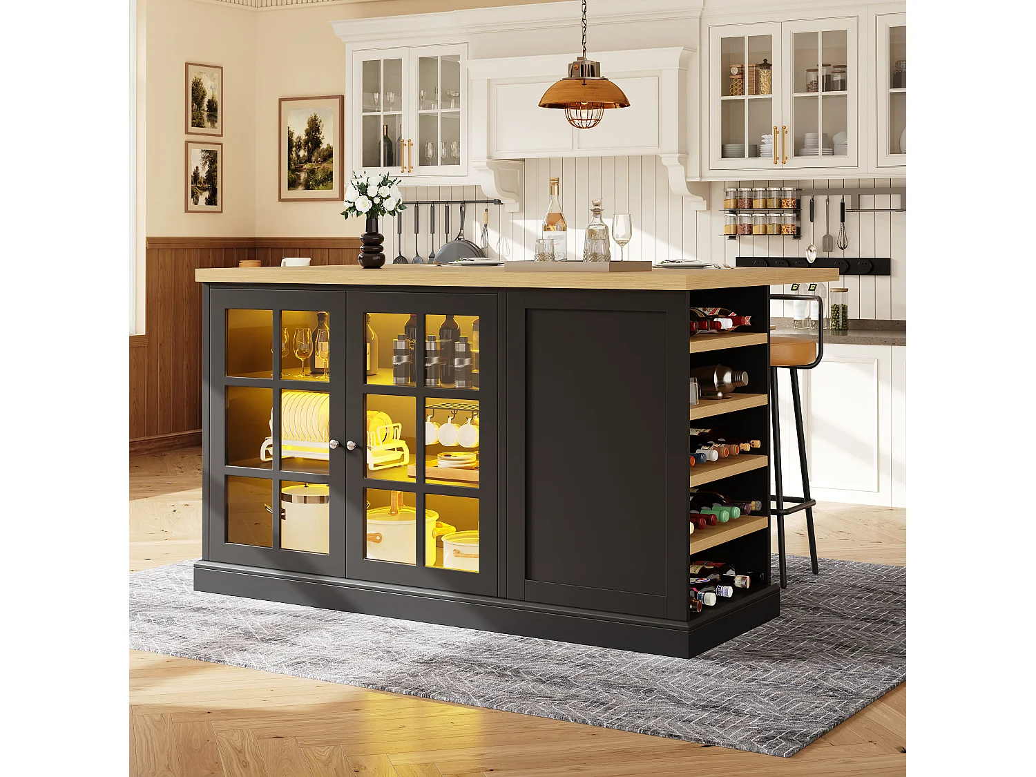 Table de Bar Pliable 120cm avec LED，Îlot de Cuisine avec Casier à Vin Incliné et Tiroir, Plateau Modulable 40-70cm - Noir/Bois