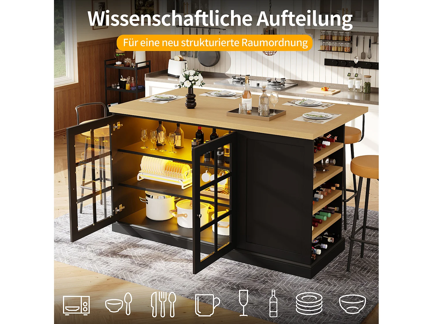 Table de Bar Pliable 120cm avec LED，Îlot de Cuisine avec Casier à Vin Incliné et Tiroir, Plateau Modulable 40-70cm - Noir/Bois