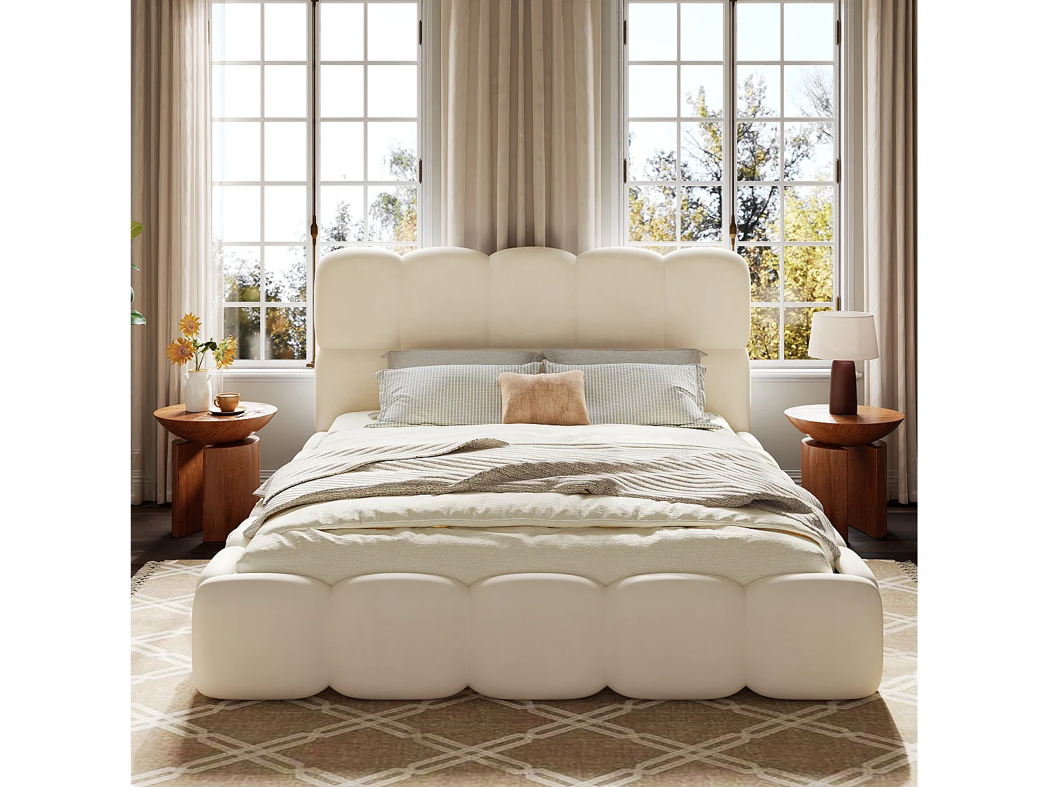 Lit double rembourré 180x200 cm - avec sommier à lattes - Velours - Beige (Matelas non inclus)