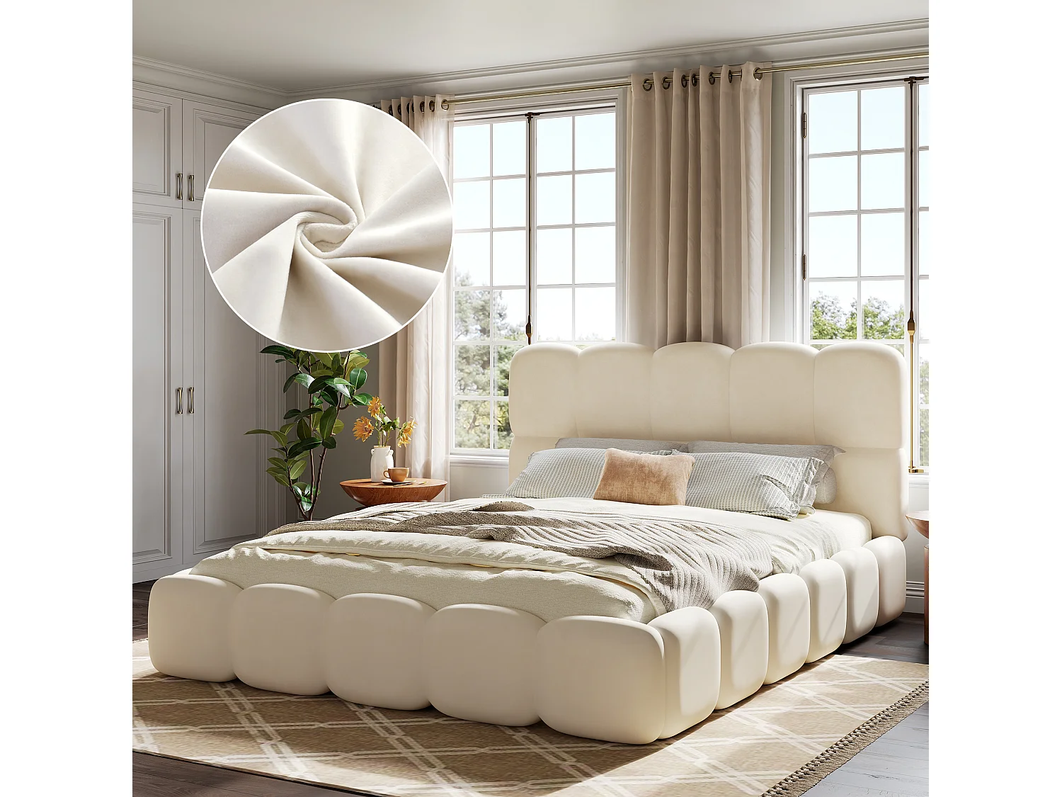 Lit double rembourré 180x200 cm - avec sommier à lattes - Velours - Beige (Matelas non inclus)