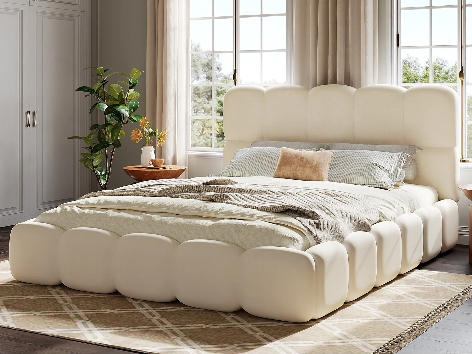 Lit double rembourré 180x200 cm - avec sommier à lattes - Velours - Beige (Matelas non inclus)