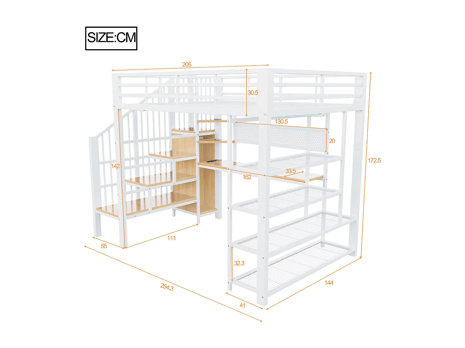 Lit mezzanine en fer forgé 140×200cm - avec bureau - avec prise électrique - avec éclairage LED - blanc (Matelas non inclus)