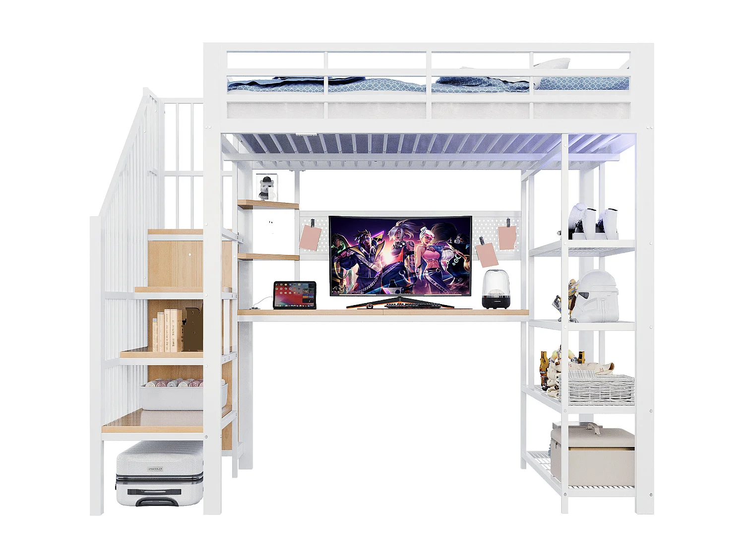 Lit mezzanine en fer forgé 140×200cm - avec bureau - avec prise électrique - avec éclairage LED - blanc (Matelas non inclus)