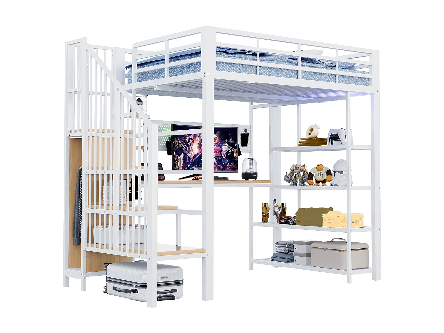 Lit mezzanine en fer forgé 140×200cm - avec bureau - avec prise électrique - avec éclairage LED - blanc (Matelas non inclus)