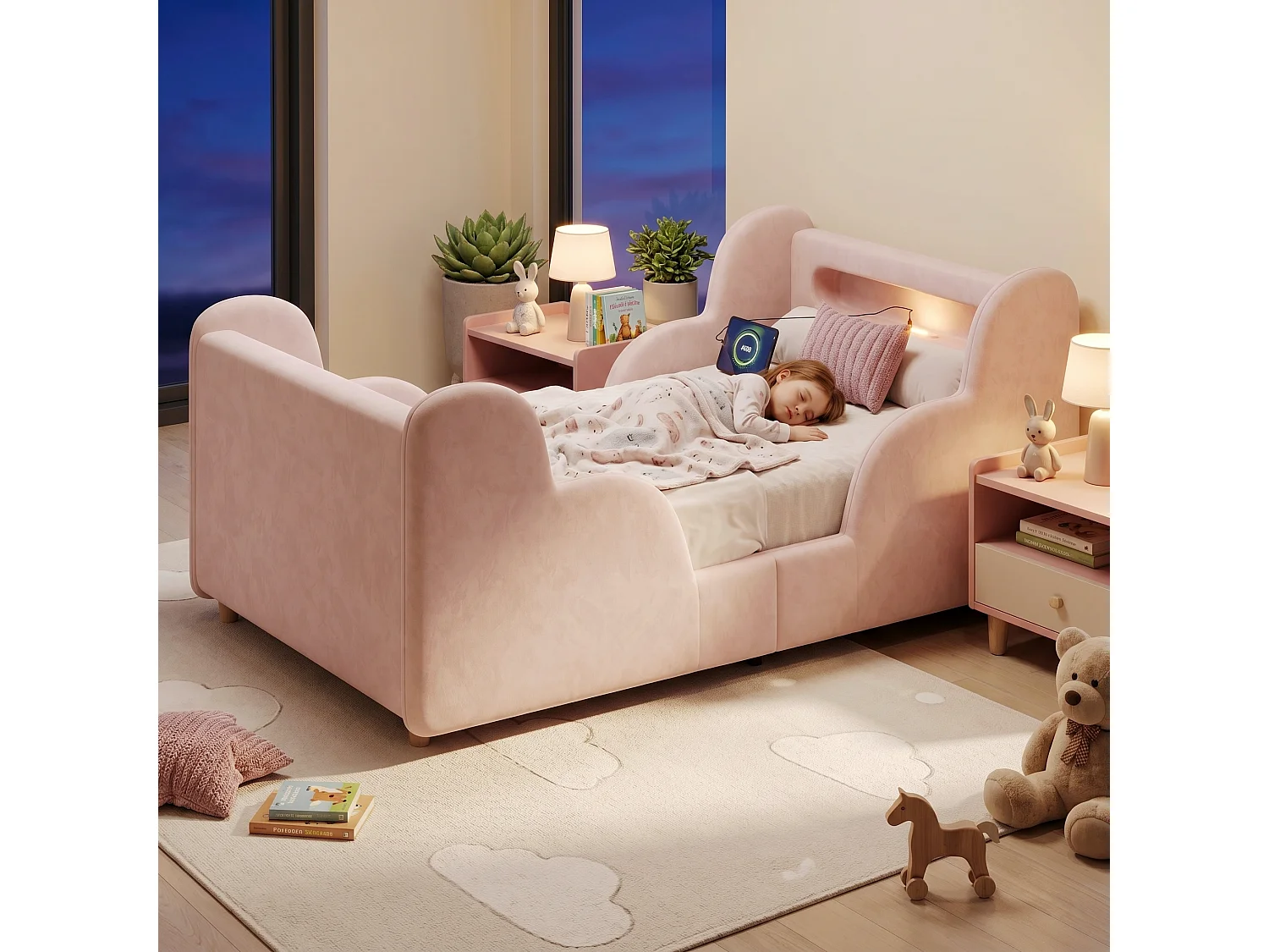 Lit enfant capitonné 90x200 cm - avec barrières de sécurité - Pieds en bois massif - Tissu bouclé - Rose(Matelas non inclus)