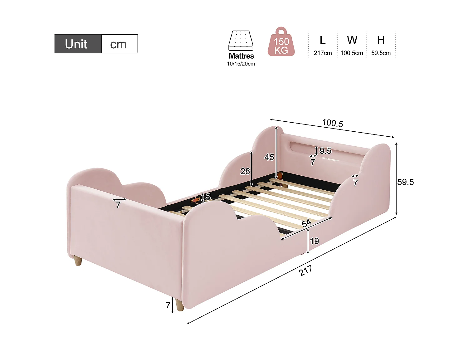 Lit enfant capitonné 90x200 cm - avec barrières de sécurité - Pieds en bois massif - Tissu bouclé - Rose(Matelas non inclus)