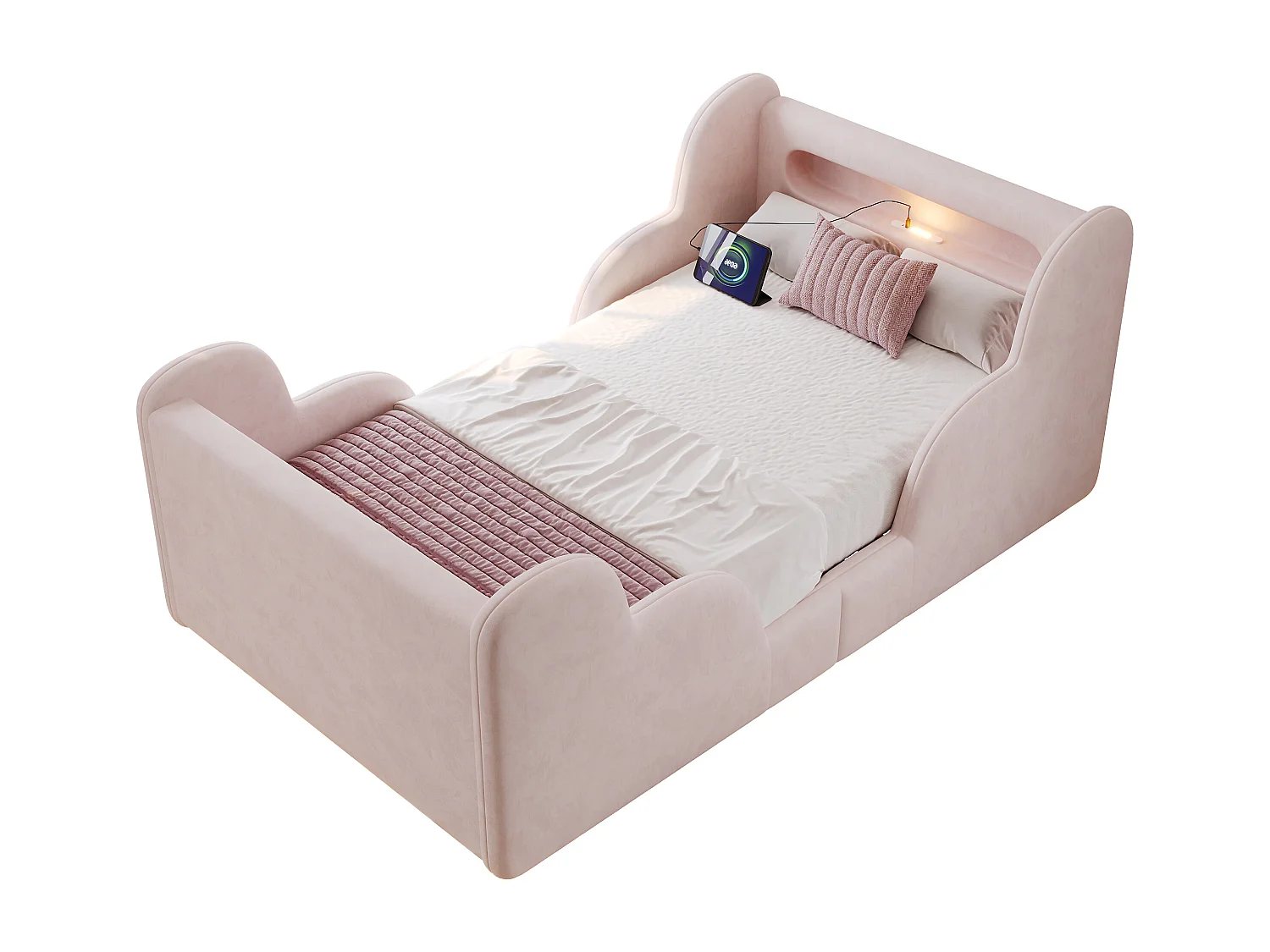 Lit enfant capitonné 90x200 cm - avec barrières de sécurité - Pieds en bois massif - Tissu bouclé - Rose(Matelas non inclus)
