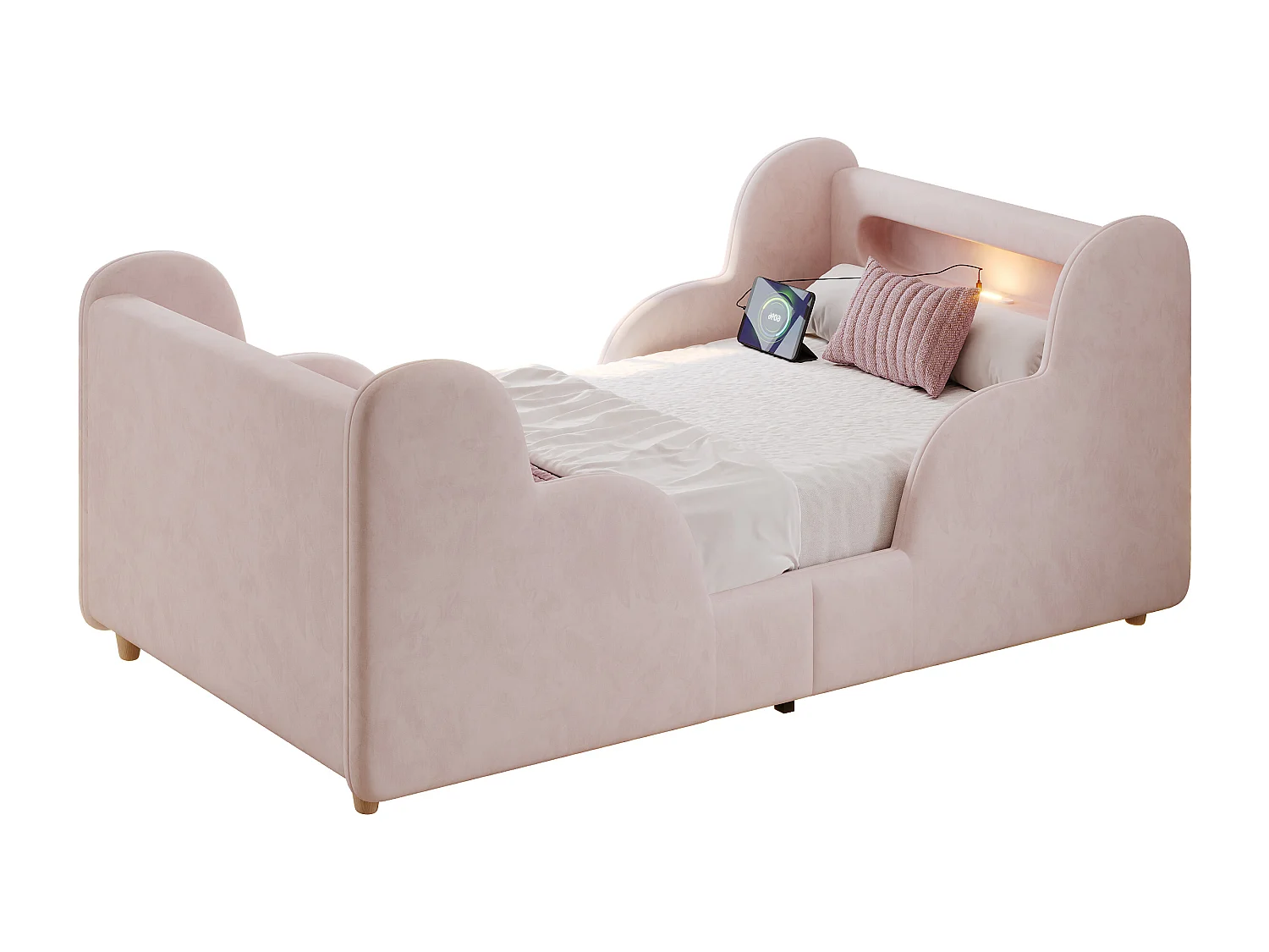 Lit enfant capitonné 90x200 cm - avec barrières de sécurité - Pieds en bois massif - Tissu bouclé - Rose(Matelas non inclus)