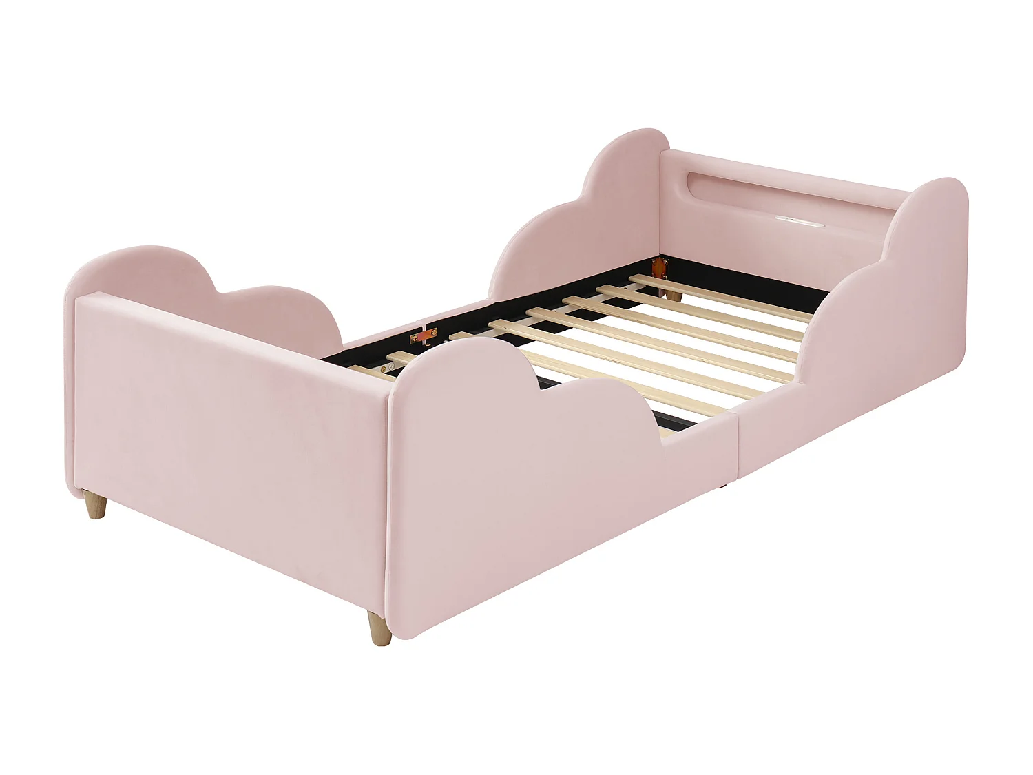 Lit enfant capitonné 90x200 cm - avec barrières de sécurité - Pieds en bois massif - Tissu bouclé - Rose(Matelas non inclus)