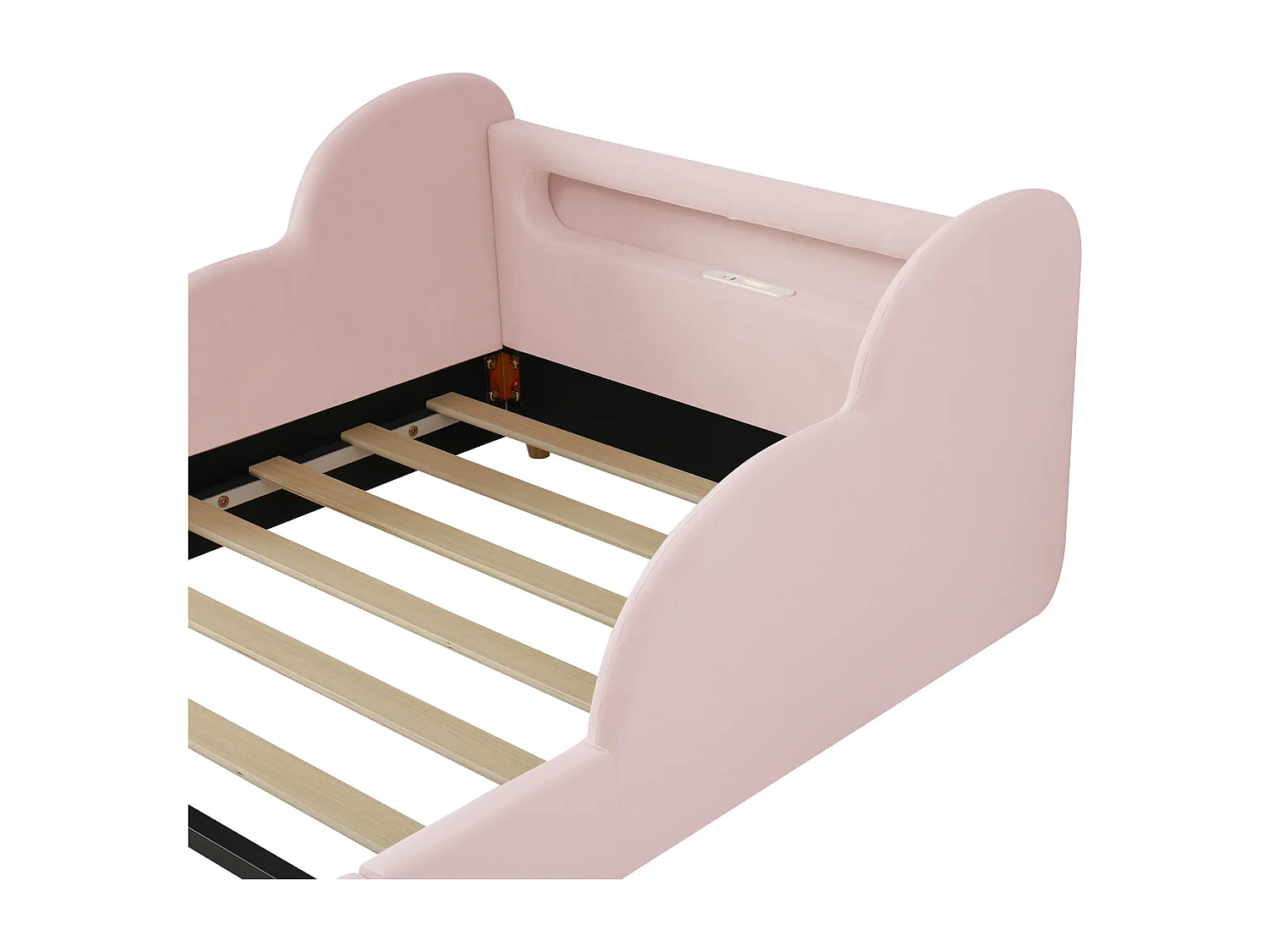 Lit enfant capitonné 90x200 cm - avec barrières de sécurité - Pieds en bois massif - Tissu bouclé - Rose(Matelas non inclus)