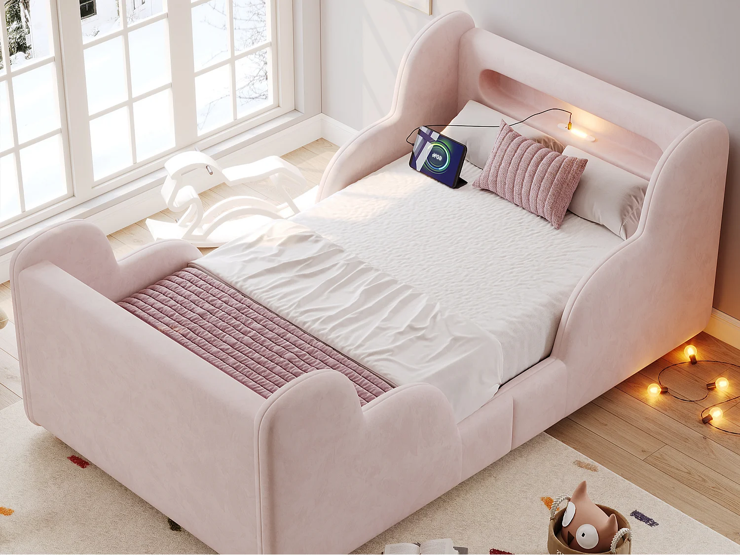 Lit enfant capitonné 90x200 cm - avec barrières de sécurité - Pieds en bois massif - Tissu bouclé - Rose(Matelas non inclus)