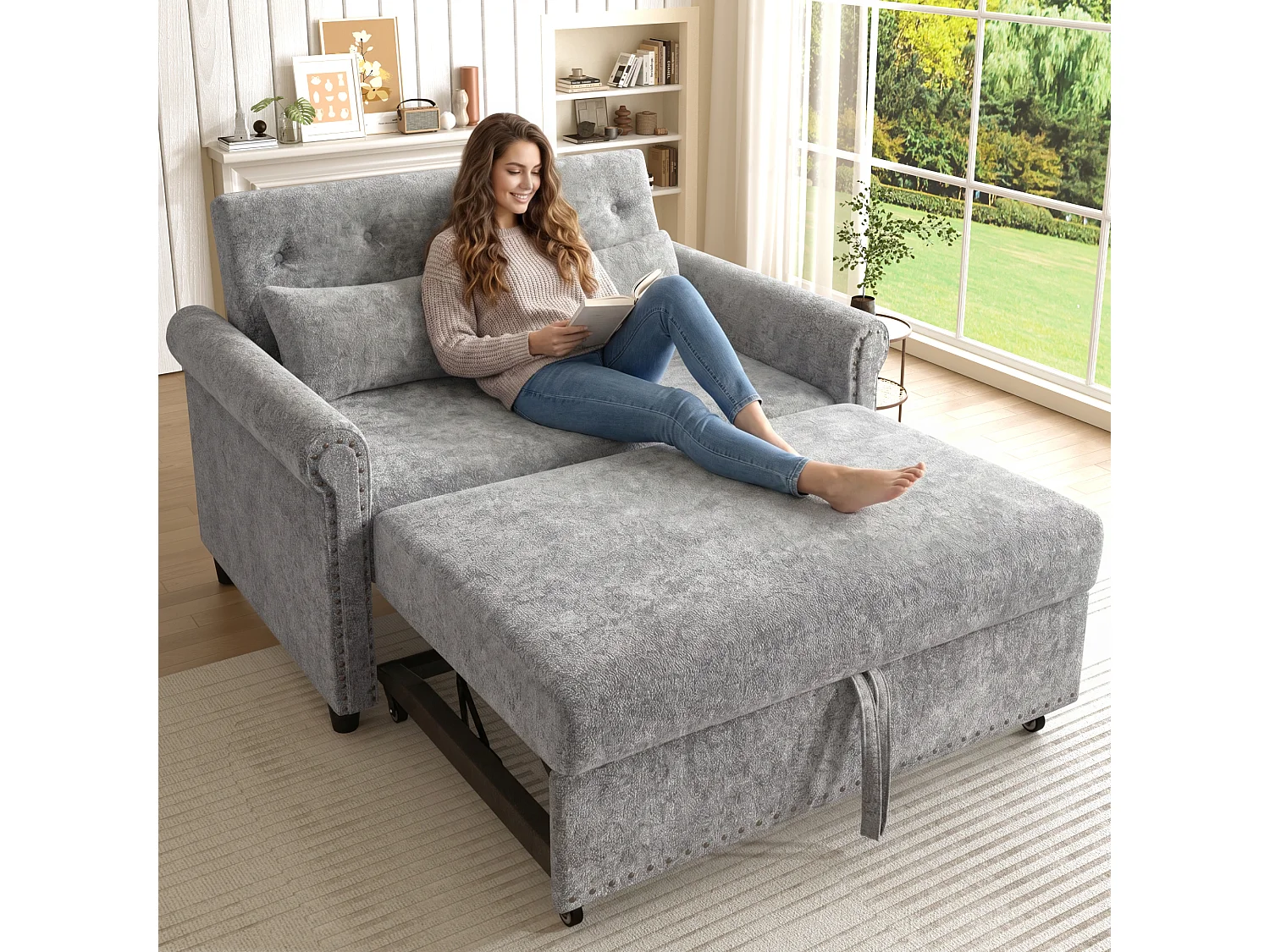Canapé-Lit Convertible 2 Places en Chenille, Sofa 3-en-1 avec Dossier Réglable sur 3 Niveaux - gris