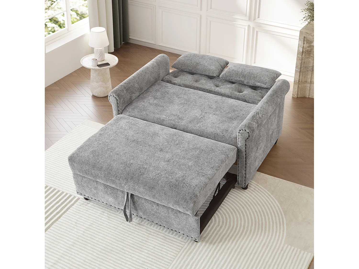 Canapé-Lit Convertible 2 Places en Chenille, Sofa 3-en-1 avec Dossier Réglable sur 3 Niveaux - gris