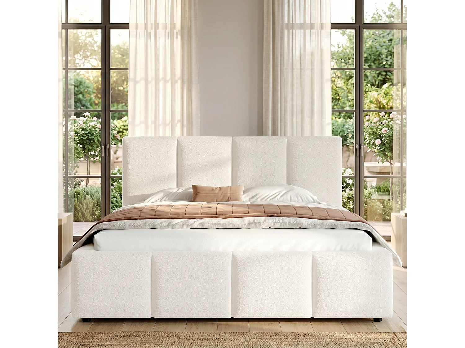 Gepolstertes Doppelbett 160x200 cm - mit Lattenrost - Bouclé-Stoff - Beige (ohne Matratze)