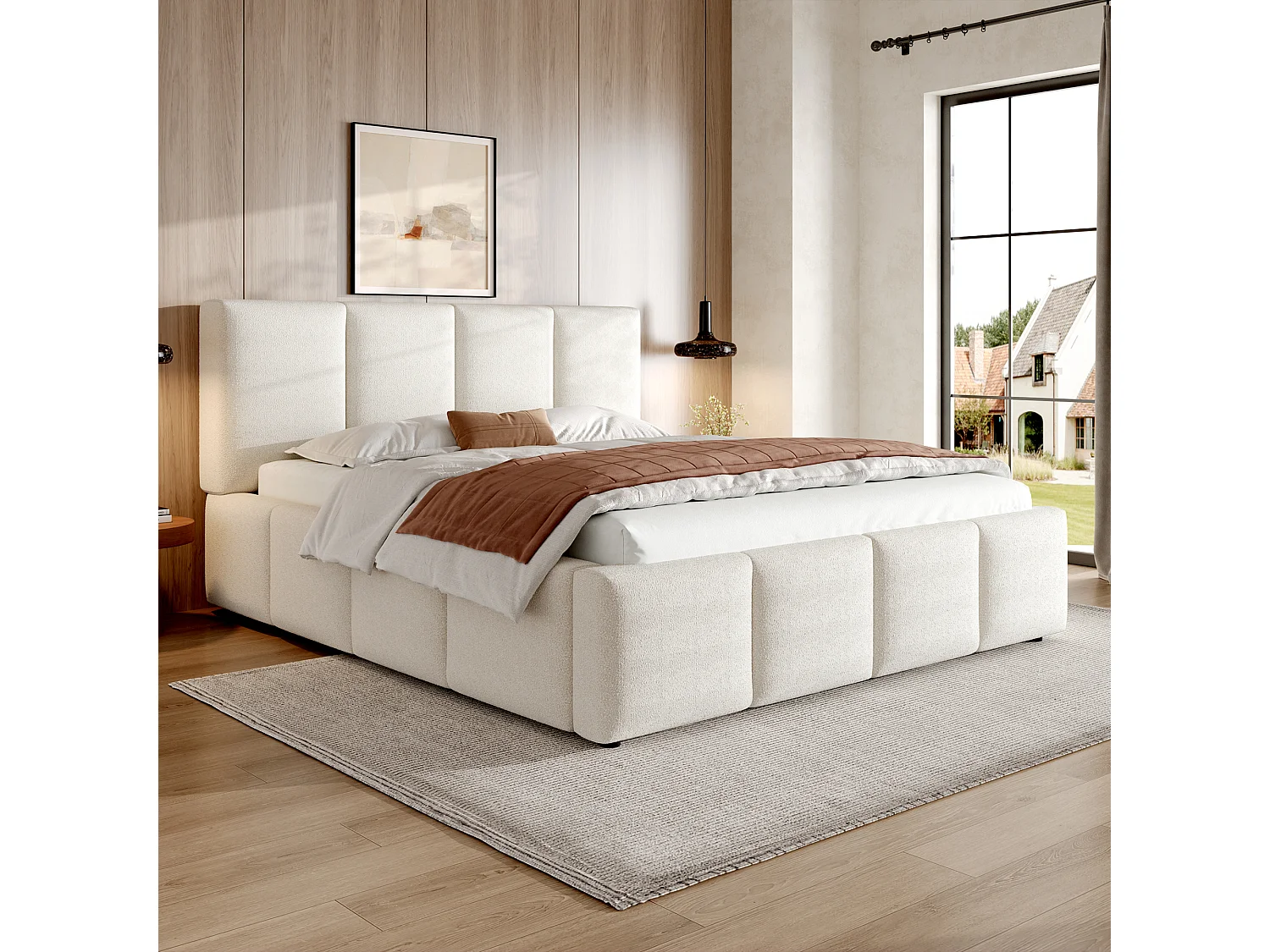 Gepolstertes Doppelbett 160x200 cm - mit Lattenrost - Bouclé-Stoff - Beige (ohne Matratze)