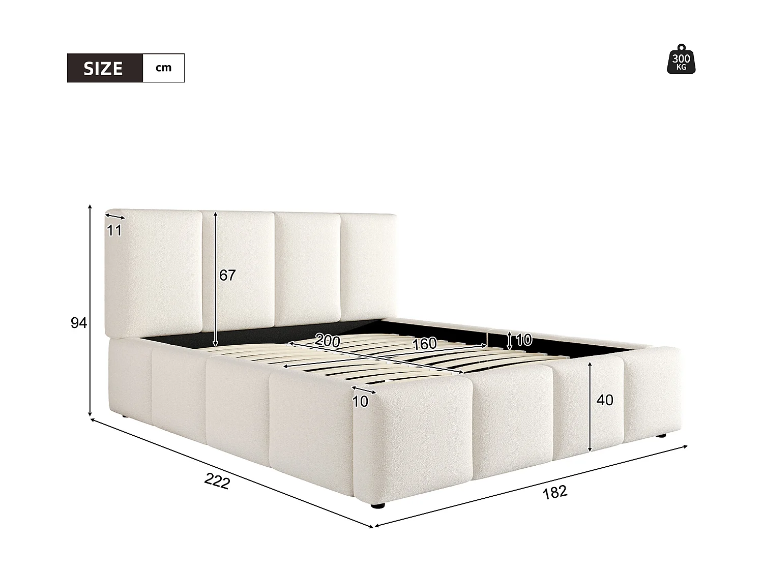 Gepolstertes Doppelbett 160x200 cm - mit Lattenrost - Bouclé-Stoff - Beige (ohne Matratze)