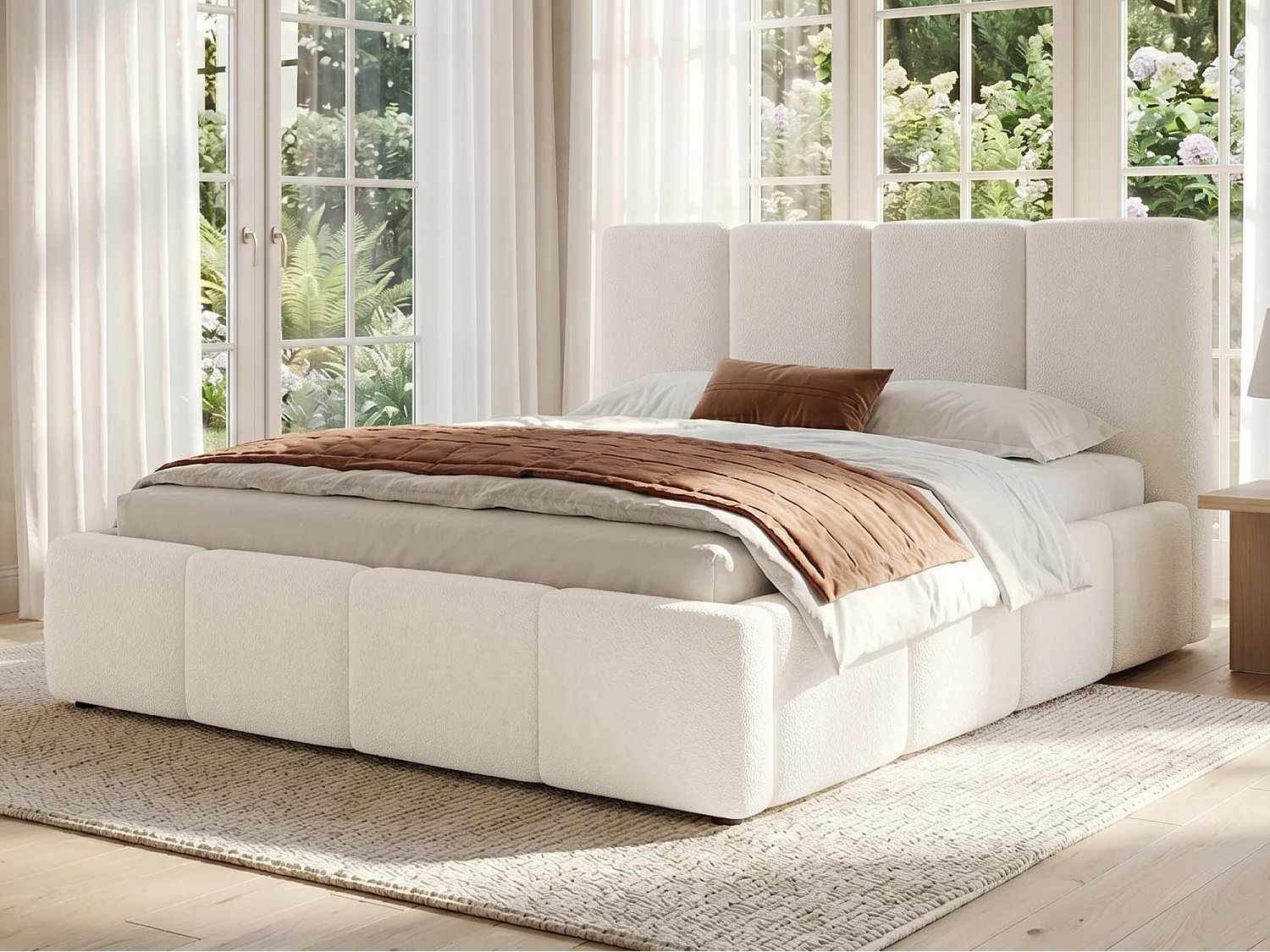 Gepolstertes Doppelbett 160x200 cm - mit Lattenrost - Bouclé-Stoff - Beige (ohne Matratze)