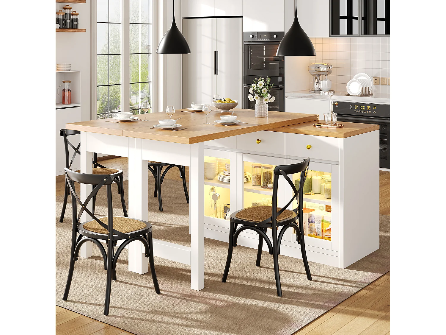 Ausziehbare Kücheninsel 120-200 cm mit LED, modularer Esstisch mit 3 Soft-Close-Schubladen und Glastüren - weiß