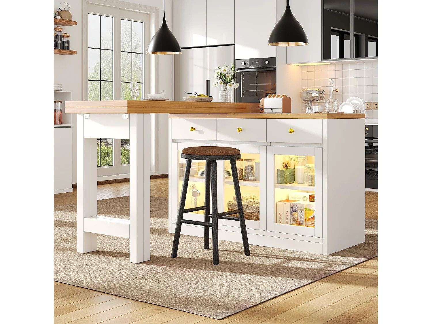 Ausziehbare Kücheninsel 120-200 cm mit LED, modularer Esstisch mit 3 Soft-Close-Schubladen und Glastüren - weiß