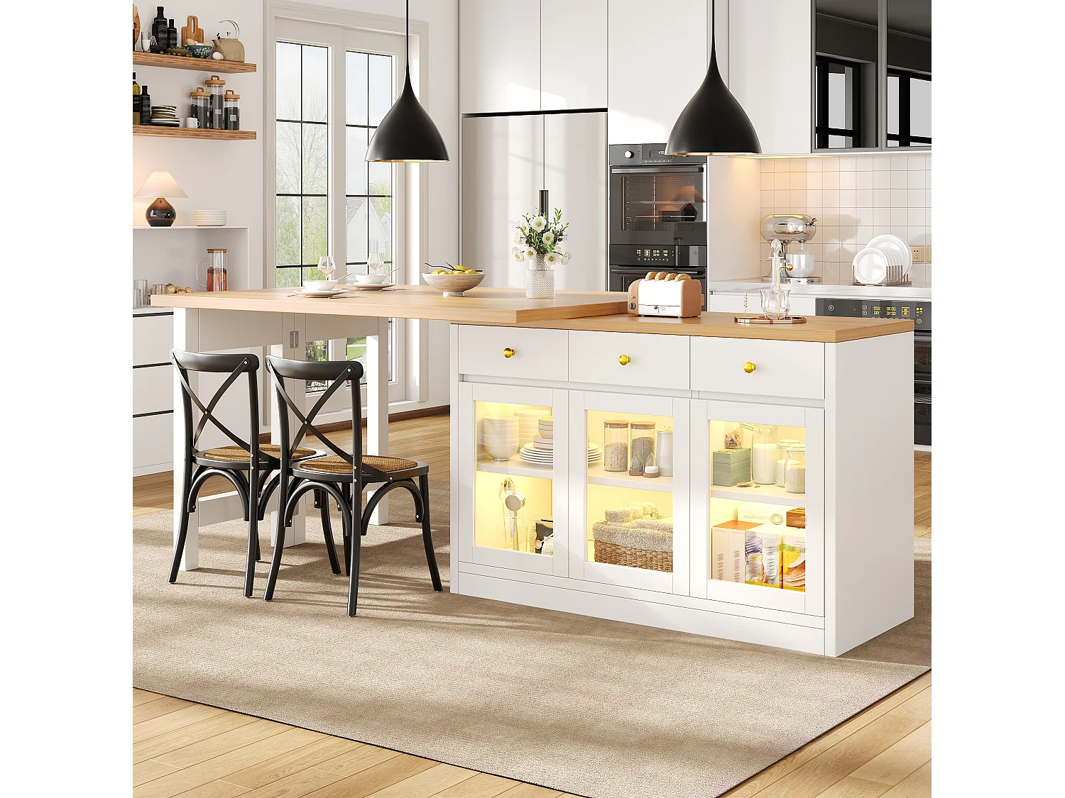 Ausziehbare Kücheninsel 120-200 cm mit LED, modularer Esstisch mit 3 Soft-Close-Schubladen und Glastüren - weiß