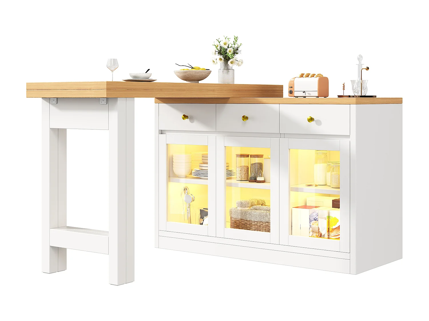 Ausziehbare Kücheninsel 120-200 cm mit LED, modularer Esstisch mit 3 Soft-Close-Schubladen und Glastüren - weiß