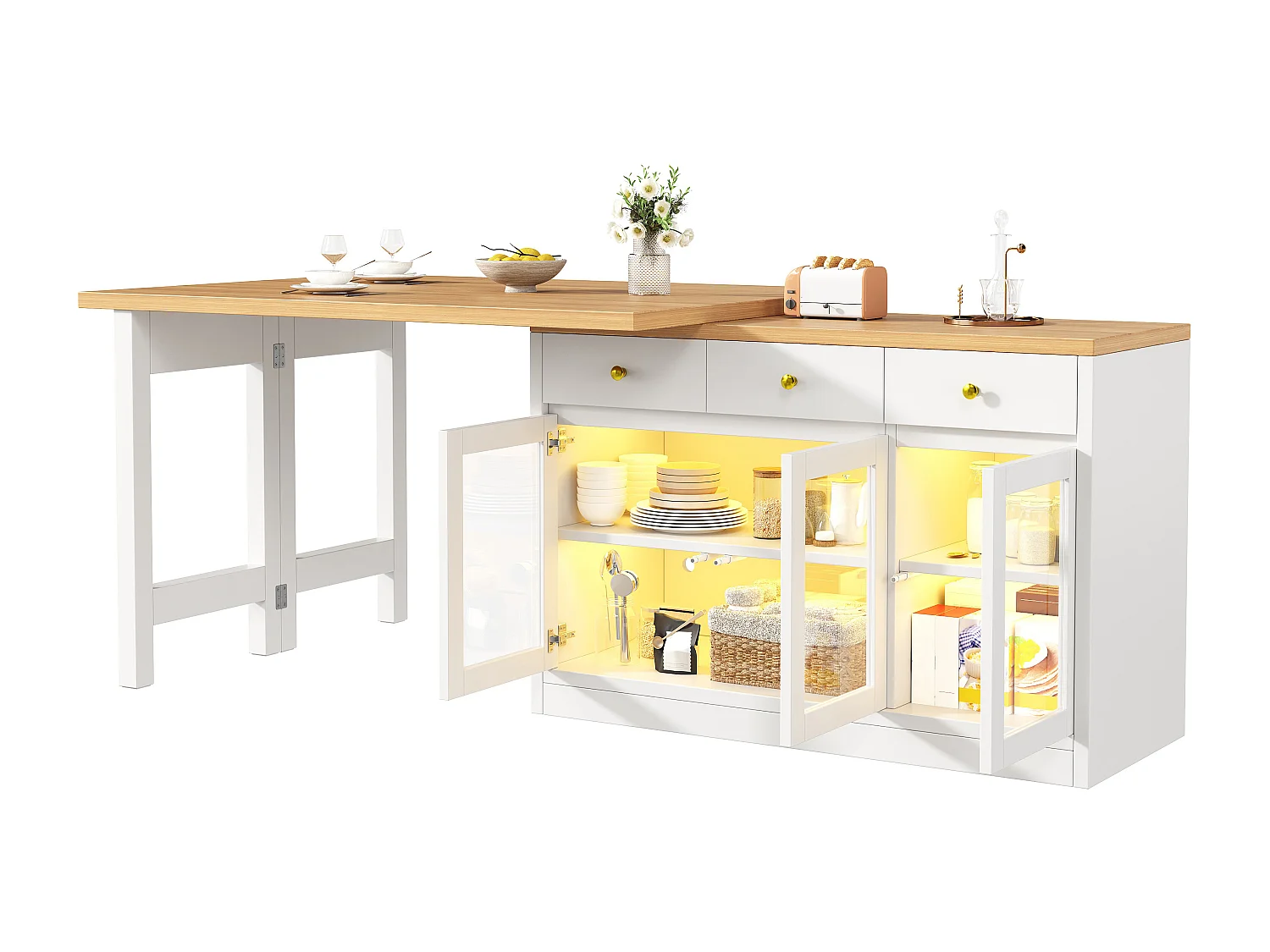 Ausziehbare Kücheninsel 120-200 cm mit LED, modularer Esstisch mit 3 Soft-Close-Schubladen und Glastüren - weiß
