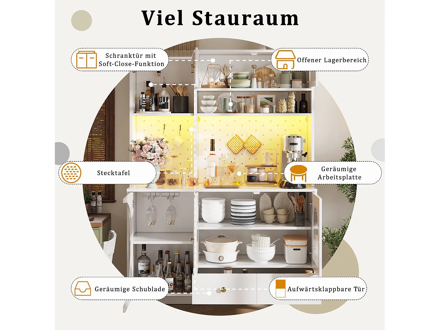 Credenza da cucina con prese USB e AC - armadio alto con illuminazione LED, pannello traforato e portabottiglie - bianco