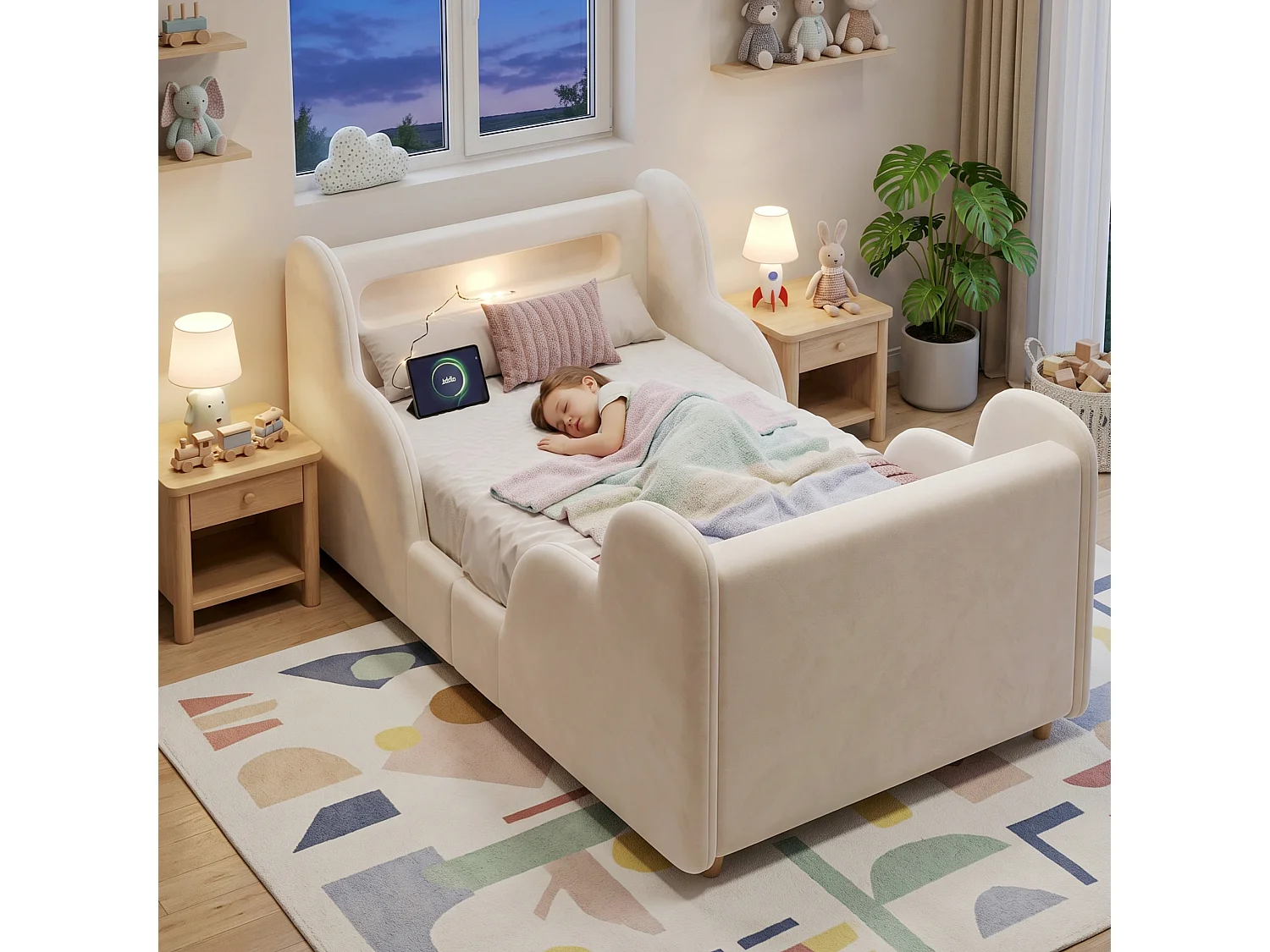 Lit enfant capitonné 90x200 cm - avec barrières de sécurité - Pieds en bois massif - Tissu Velours - Beige (Matelas non inclus)