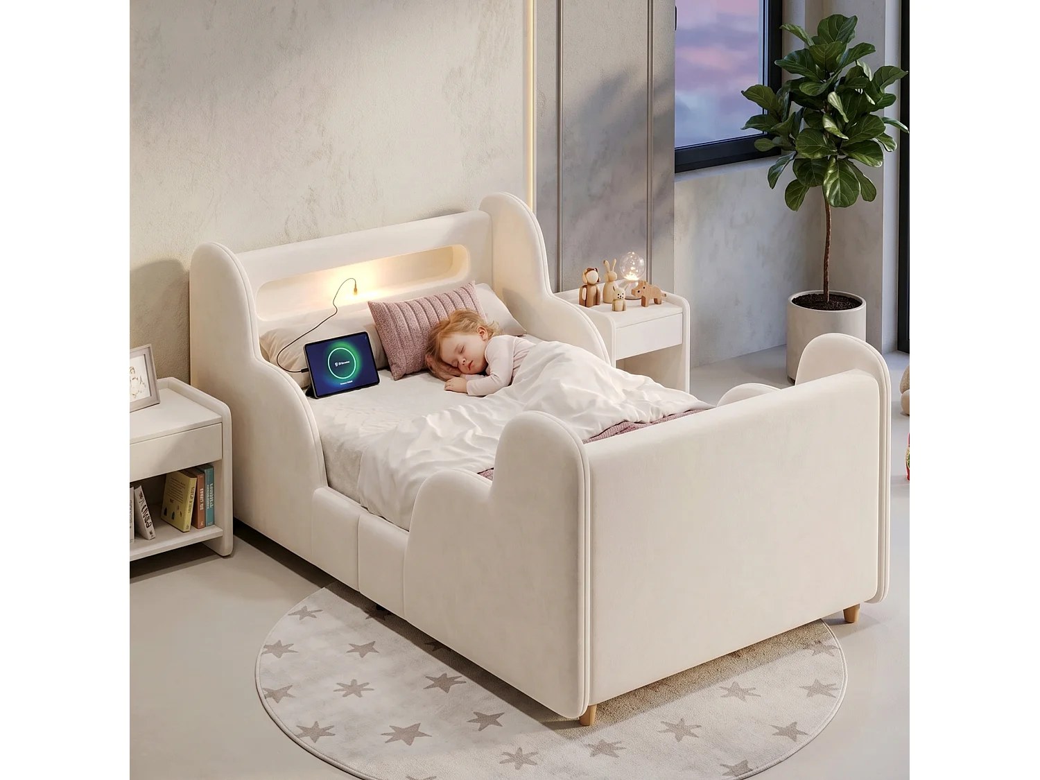 Lit enfant capitonné 90x200 cm - avec barrières de sécurité - Pieds en bois massif - Tissu Velours - Beige (Matelas non inclus)