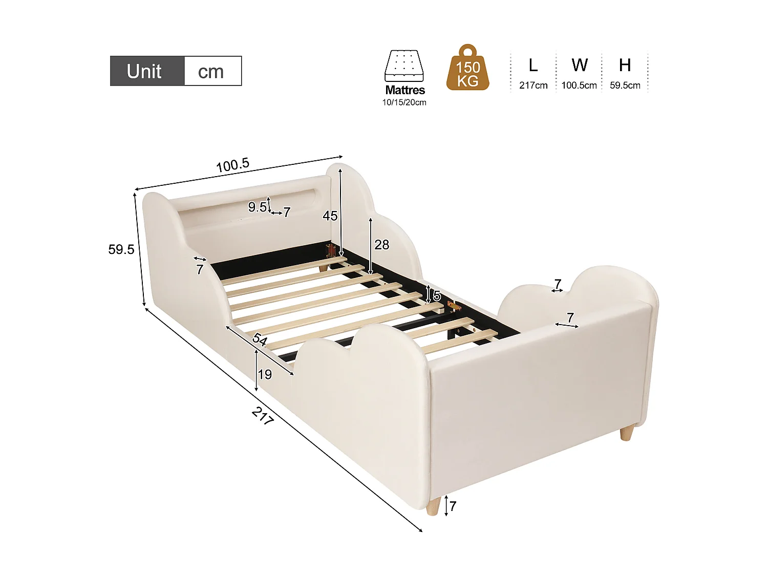 Lit enfant capitonné 90x200 cm - avec barrières de sécurité - Pieds en bois massif - Tissu Velours - Beige (Matelas non inclus)